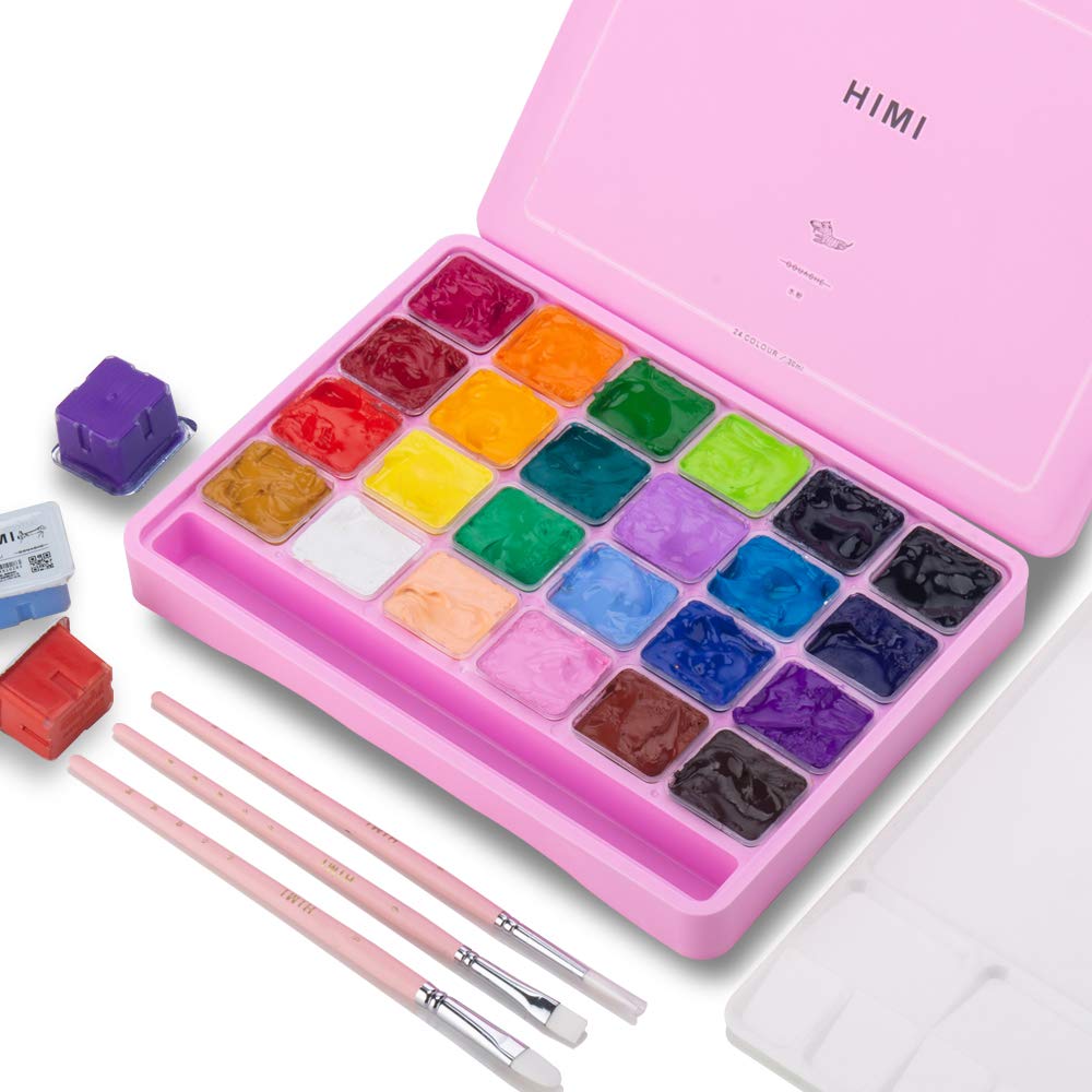 HIMI Gouache Paint Set, 24 Colors x 30ml/1oz with 3 Brushes & a Palette, Unique Jelly Cup Design, Non-Toxic, Guache Paint for Canvas Watercolor Paper - Perfect for Beginners, Students, Artists(Pink) - Pink Case
