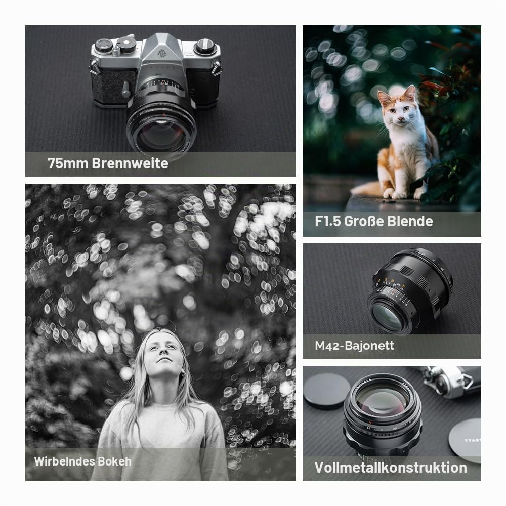 TTARTISAN 75mm f1.5 Swirly Bokeh Objektiv, manuelles Vollformat-Objektiv mit großer Blende für M42-Mount-Kameraobjektiv