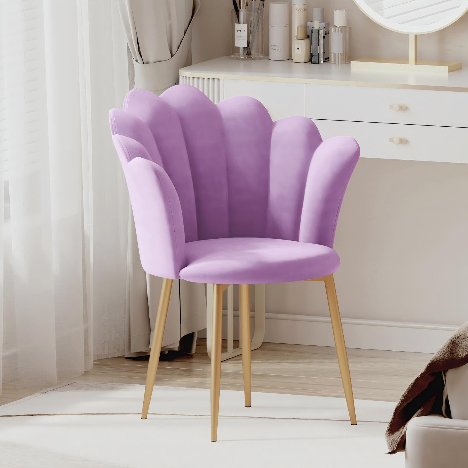 Armchair Tub Chair, Velvet Vanity Chair Shell Accent Chairs with Gold Plating Metal Legs, Leisure Single Sofa Dressing Chairs for Home, Office, Bedroom, Living Room, Dining Room, Purple