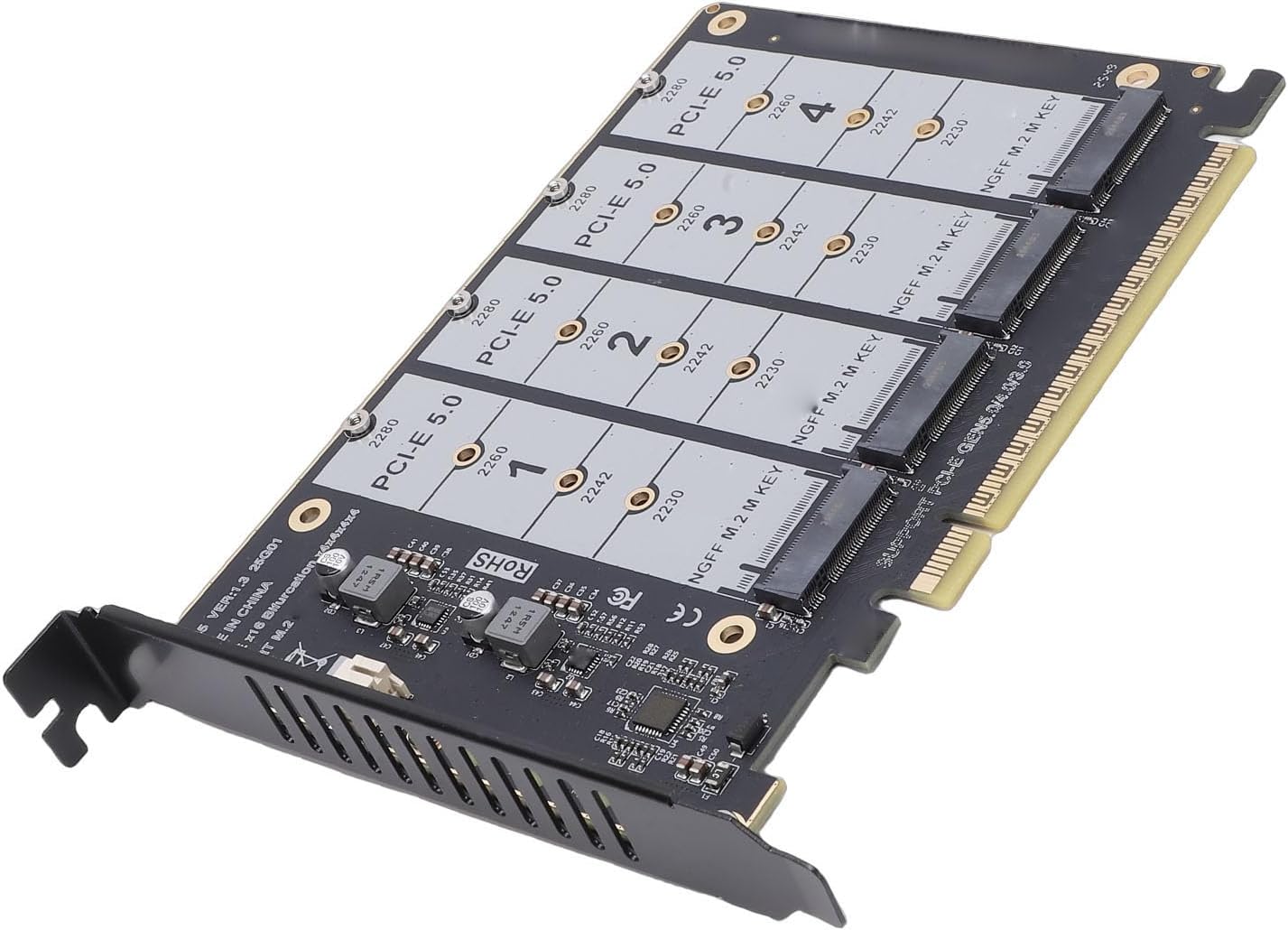 Gugxiom M.2 PCIe 5.0 Adapter Card, 4-Port NVMe SSD to PCIe x16 Expansion Card, Supports 3.0/4.0/5.0 Bifurcation, 4x128Gbps, LED Indicators