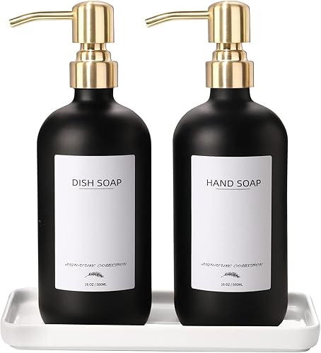 Supforce Dispensador de jabón para platos de vidrio con bandeja de cerámica y bomba de acero inoxidable, juego de dispensador de jabón de cocina con
