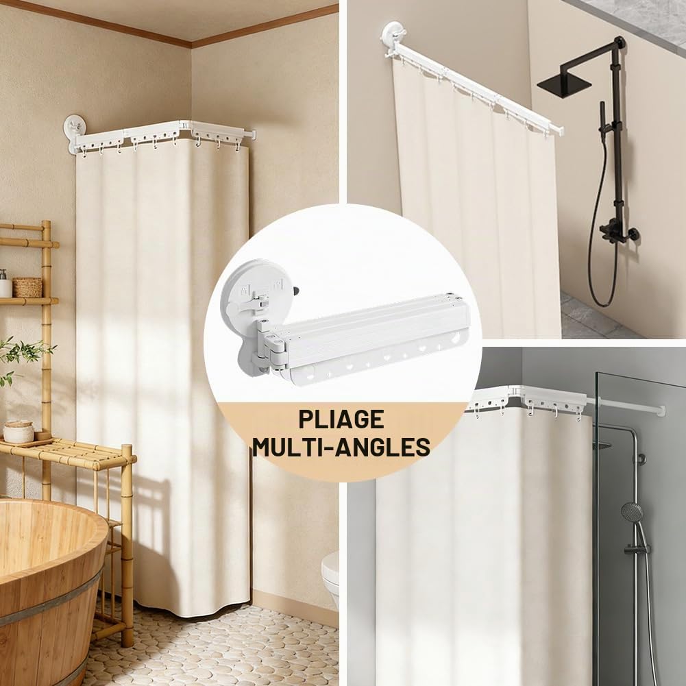 Tringle à rideau de douche avec ventouses, angle multiple, 3 pliages, 70 à 104 cm, sans perçage, tringle télescopique pour fenêtres, séparateurs de pièce et cuisines