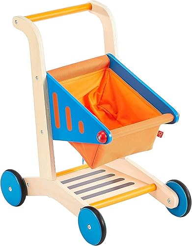 Carrito de compras de madera para niños Hape galardonado Multi, L: 16.9, W: 11.8, H: 19.8 pulgadas, Multi, Carrito de compras de juguetes