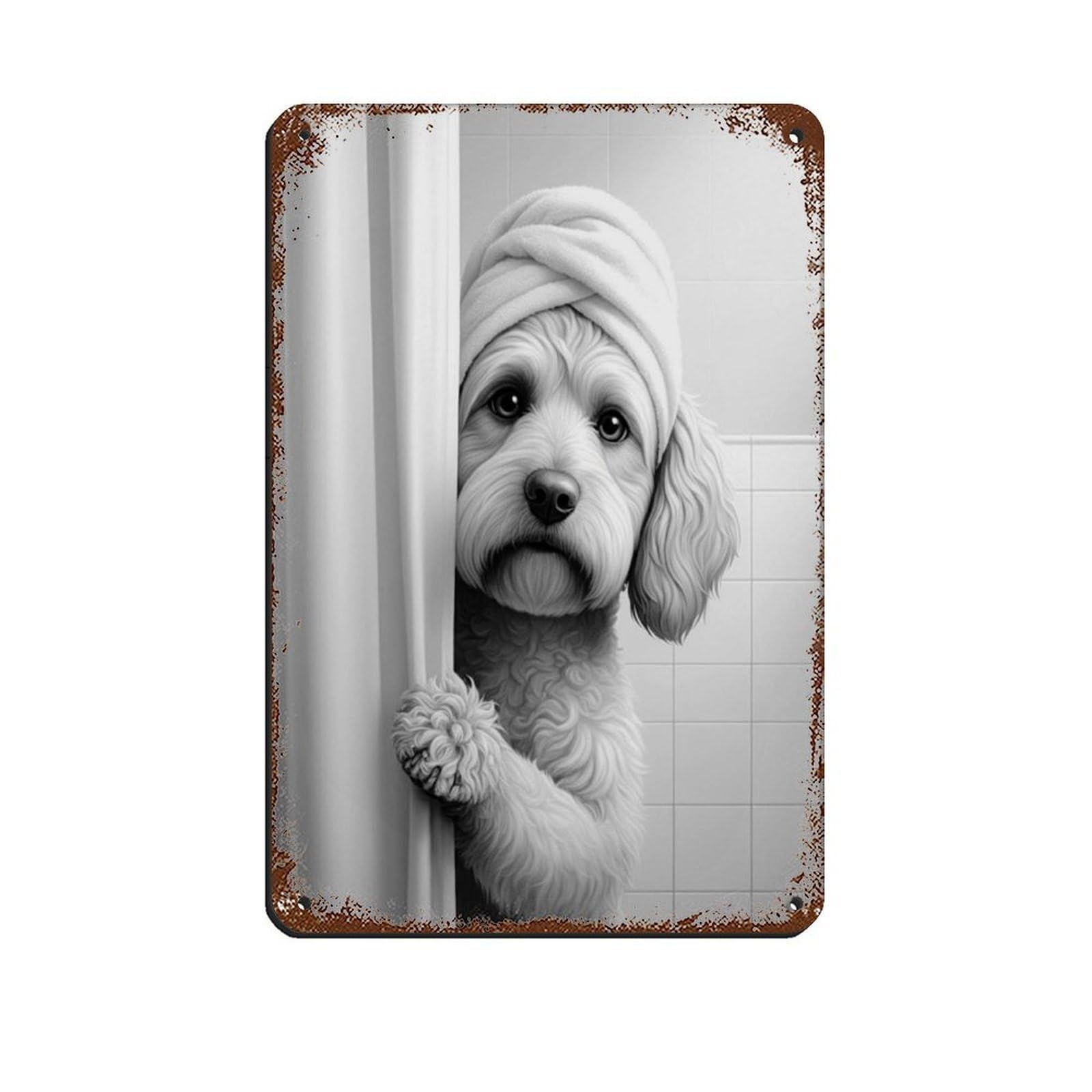 Cockapoo Peeking Out of Shower Curtain Poster Retro Poster Metal Tin Sign Chic Art Retro Iron Painting Bar People Cave Cafe Family Garage Poster Wall Decoration 8x12inch(20x30cm)