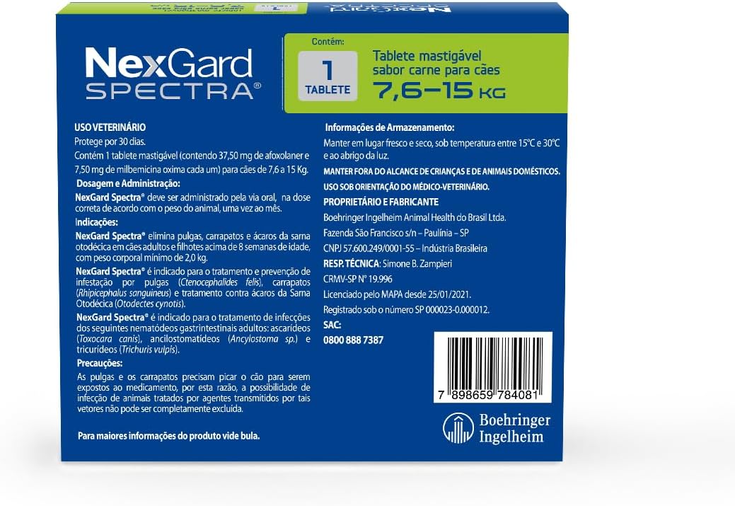 NexGard Spectra Antipulgas e Carrapatos e Vermífugo para Cães de 7,6 a 15kg - 1 tablete