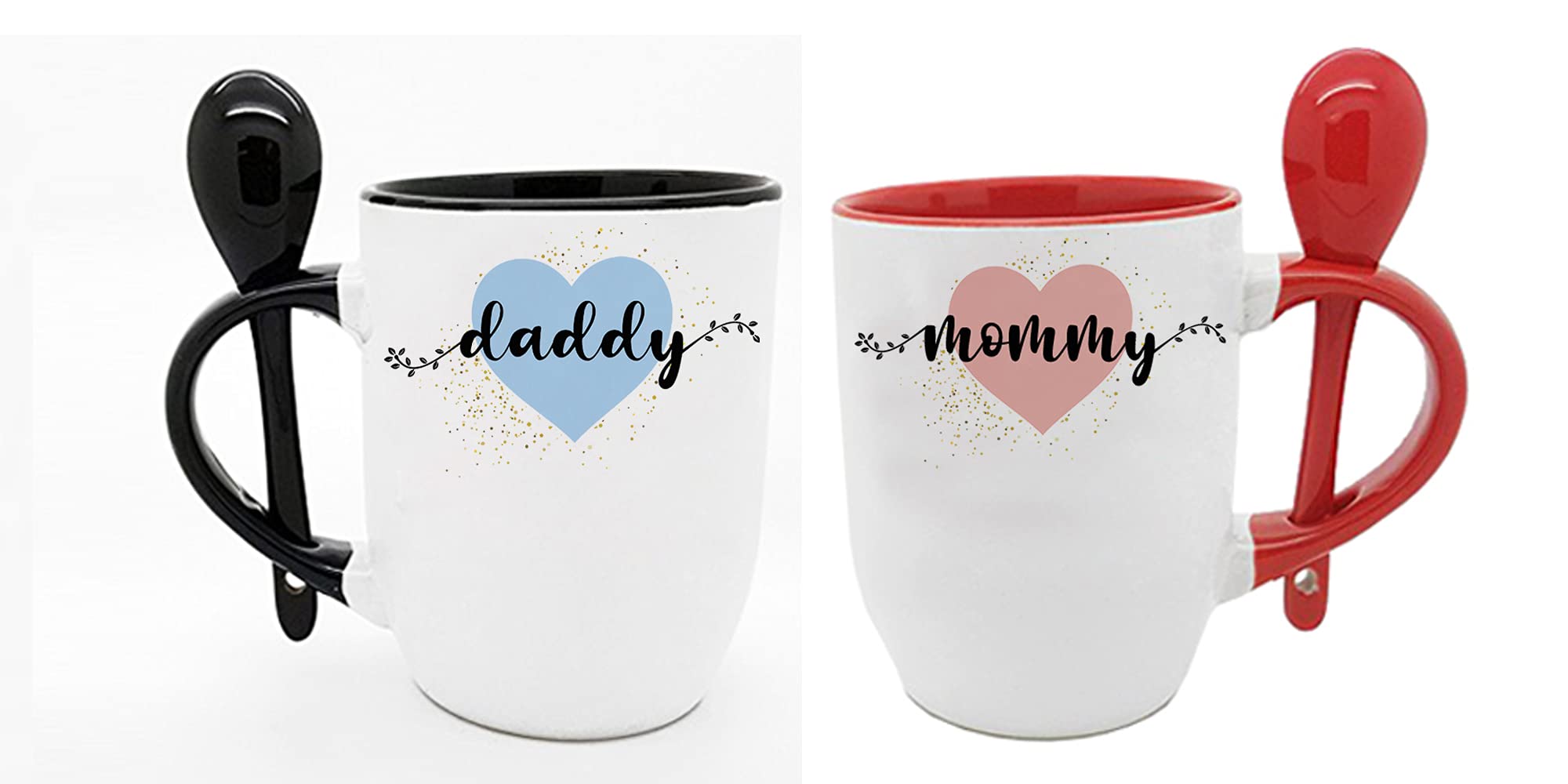 Mummy and Daddy Set of 2 Mugs, Mum Dad, Father Mother, Christmas, Birthday, 1st Present Gift New Parents Novelty Cup, Unique Ceramic Inside Coloured with Spoon Mug Set. (Black & Red)