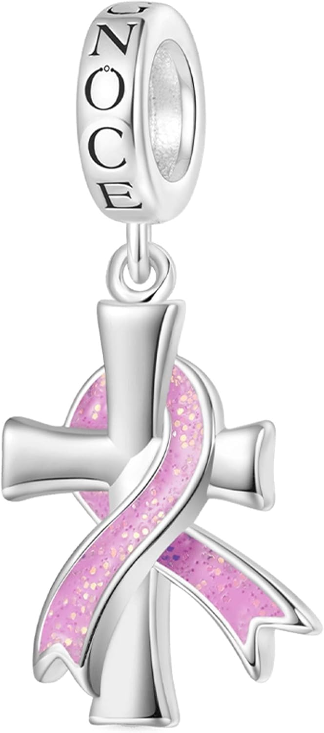 GNOCE Breast Cancer Awareness Pendant Dangle Charm Sterling Silver Bead Charm Fit Bracelet/Necklace for Women Wife/Jewelry Gift
