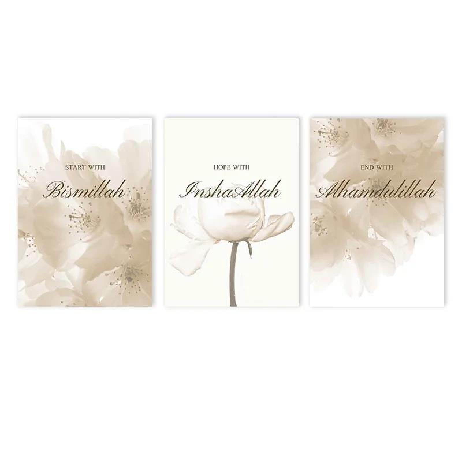 Baibexing Bismillah Islamic Art Poster Painting Blooming Flower Canvas Print Allah Arabic Wall Art Picture Living Room Decor 50X70Cmx3Pcs Unframed