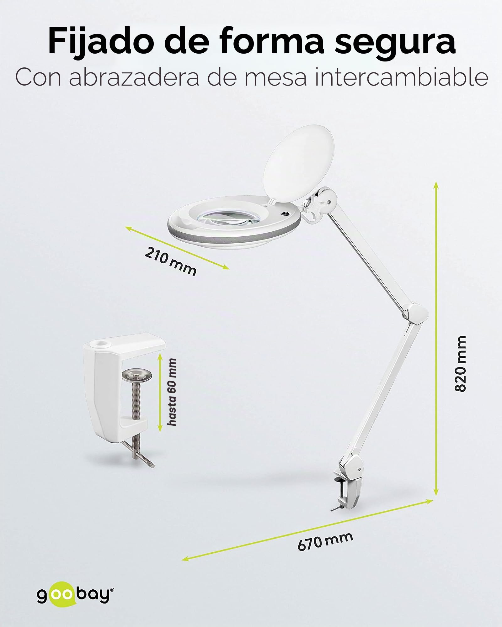 goobay 60360 Lámpara de Aumento LED con Pinza/lámpara de Aumento de plástico / 8 W de Consumo, Temperatura de Color 6500 K/Flujo Luminoso 650 LM/tensión de Servicio 230 V (AC) / Blanco
