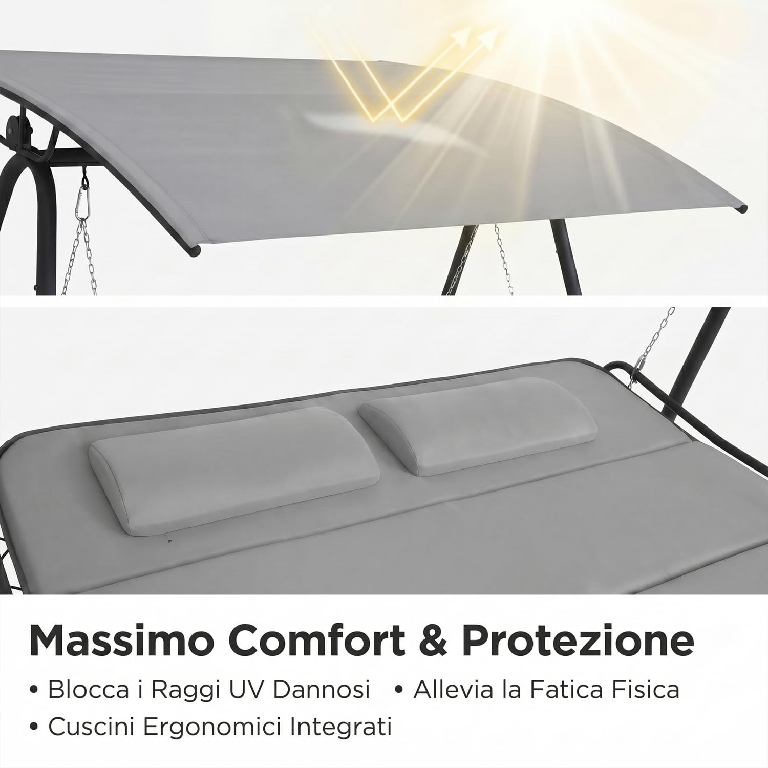 Marvin Dondolo Amaca Letto 2 Posti da Giardino con Tetto Parasole Struttura in Acciaio Seduta Imbottita in Textilene per Terrazzo Patio e Piscina (GRIGIO/GRIGIO)