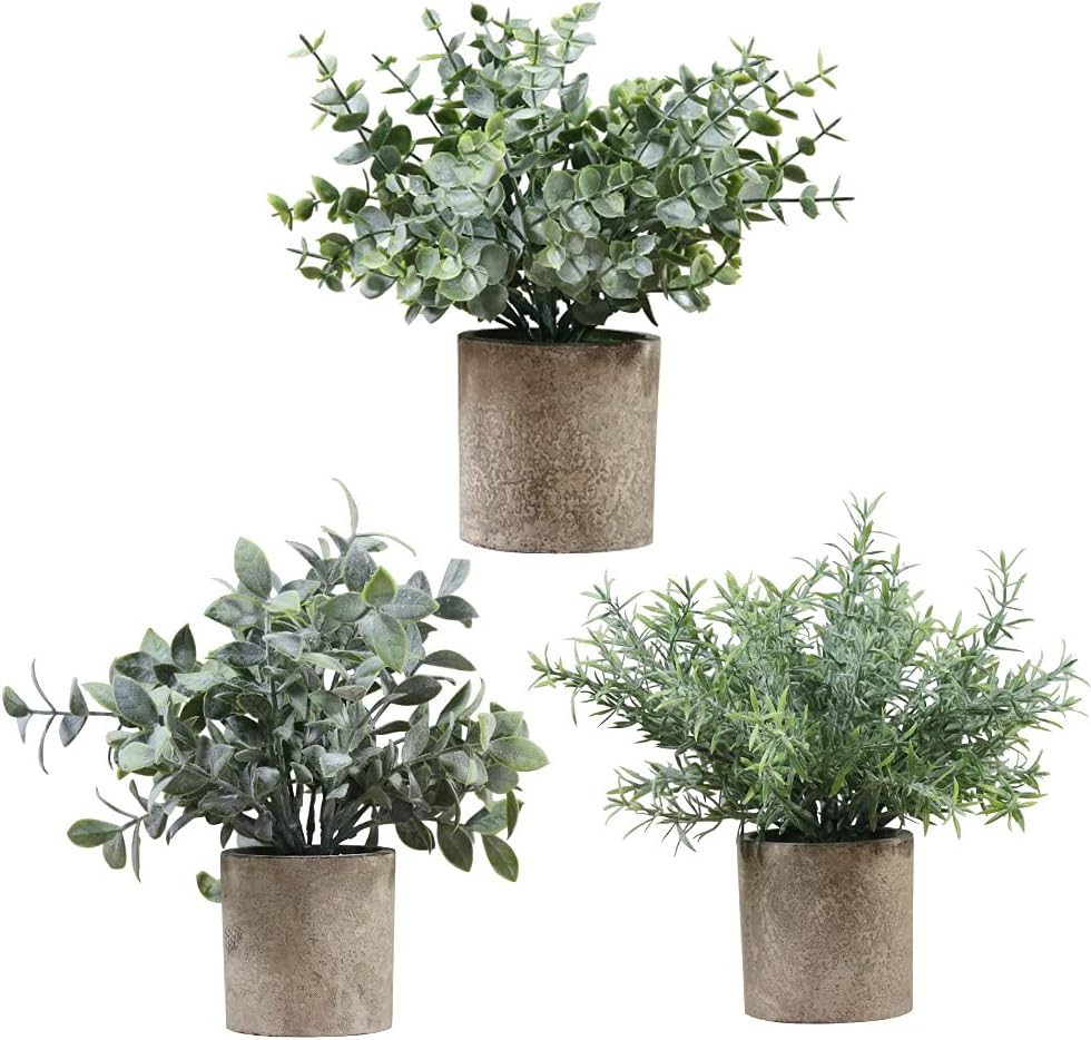 Exrp 3 Pack Mini Potted Fake Plants Artificial Plastic Eucalyptus Plants for Home Office Desk Room Decoration