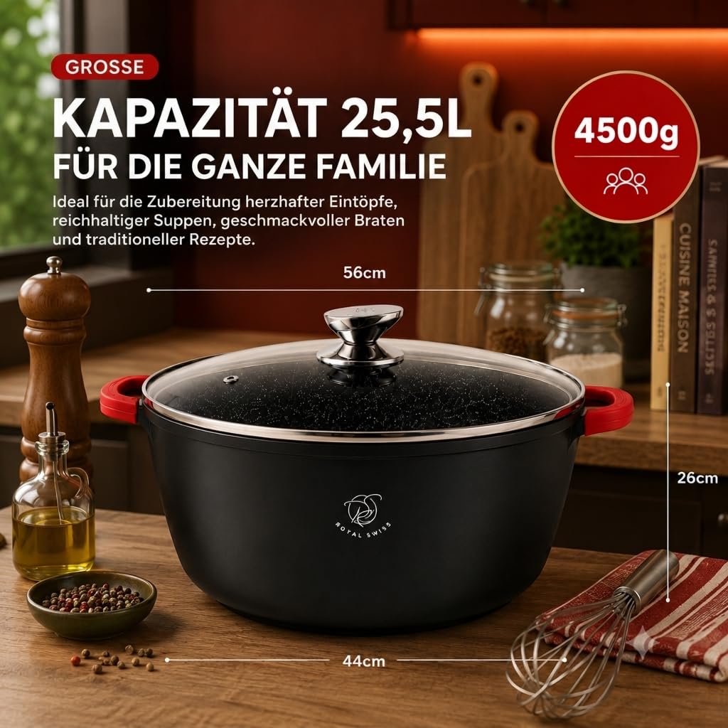 Royal Swiss Kochtopf 44 cm – 25,5 Liter – Aluminiumguss mit Marmorbeschichtung – Induktion geeignet – Glasdeckel – Ofenfest – Schwarz