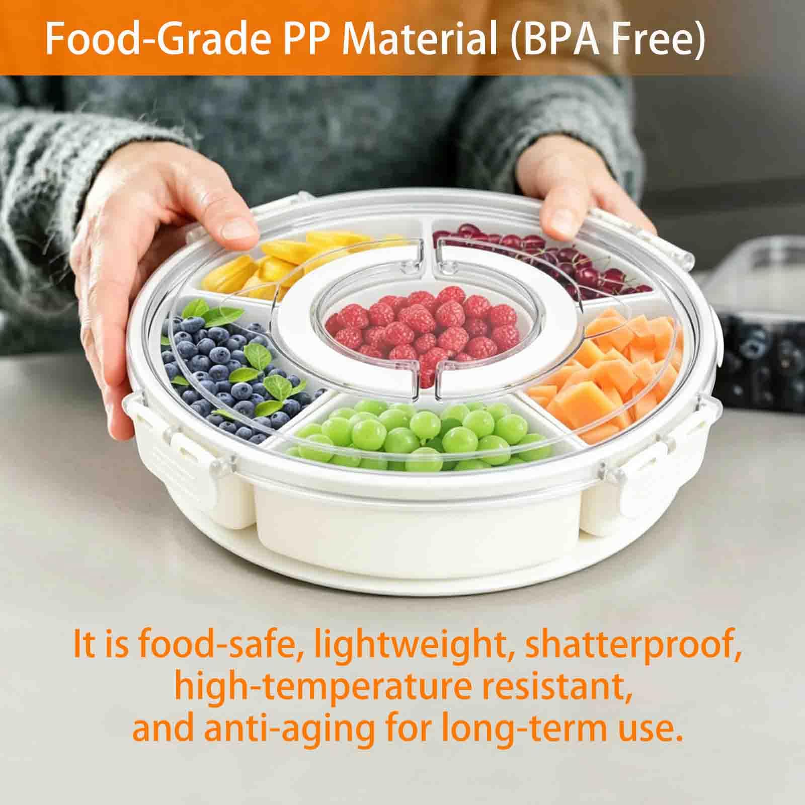 Snackbox mit Fächern, PP-Material Rund Spinner Snackbox Kinder mit 6 Fächern, Herausnehmbare Snackteller mit Deckel und Griff, Picknick Box für SüßIgkeiten Obst Gemüse -Round