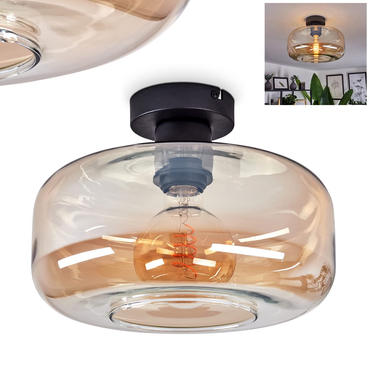 Hofstein Black Pedreles Ceiling Lamp, Modern Ceiling Lamp Made Of Metal/Glass In /Amber, 1-Flame Lamp In Retro/Vintage Design With Glass Lampshade (Ø 27.5 Cm), 1 X E27, Without Bulb