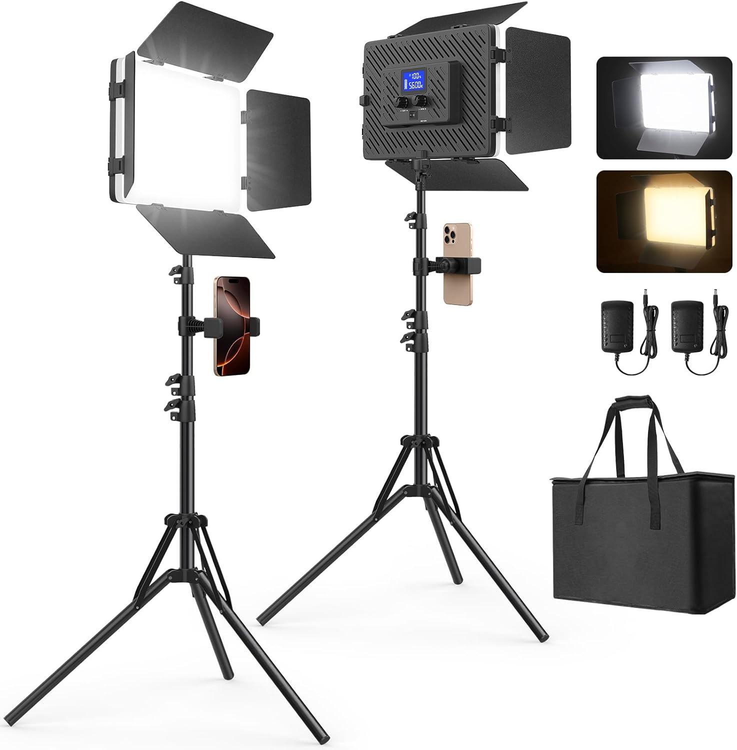2 Pack Led Video Light Kit with Stand, Kmasic Photography Light Panel Built-in 8000mAh & LCD Display, 2200Lux 2500K-8500K Soft Studio Light for Video Recording Game Live Streaming YouTube TikTok