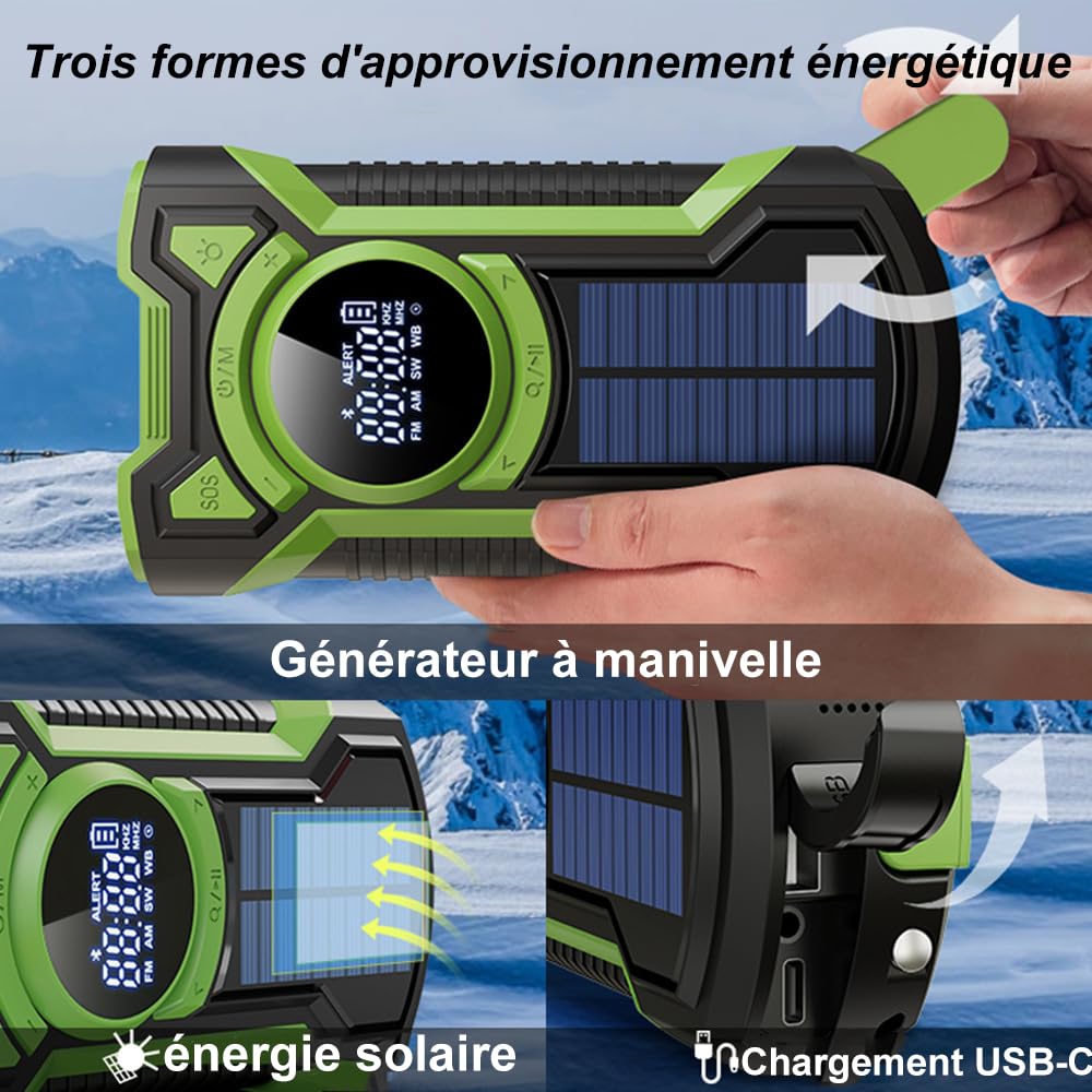 Radio de Survie d'urgence Rechargeable 5 000 mAh, étanche IPX5, Radios Portable FM/AM, Solaire d'urgence avec Manivelle, Idéale pour Les Urgences, Les Pannes de Courant et Le Bluetooth Domestique