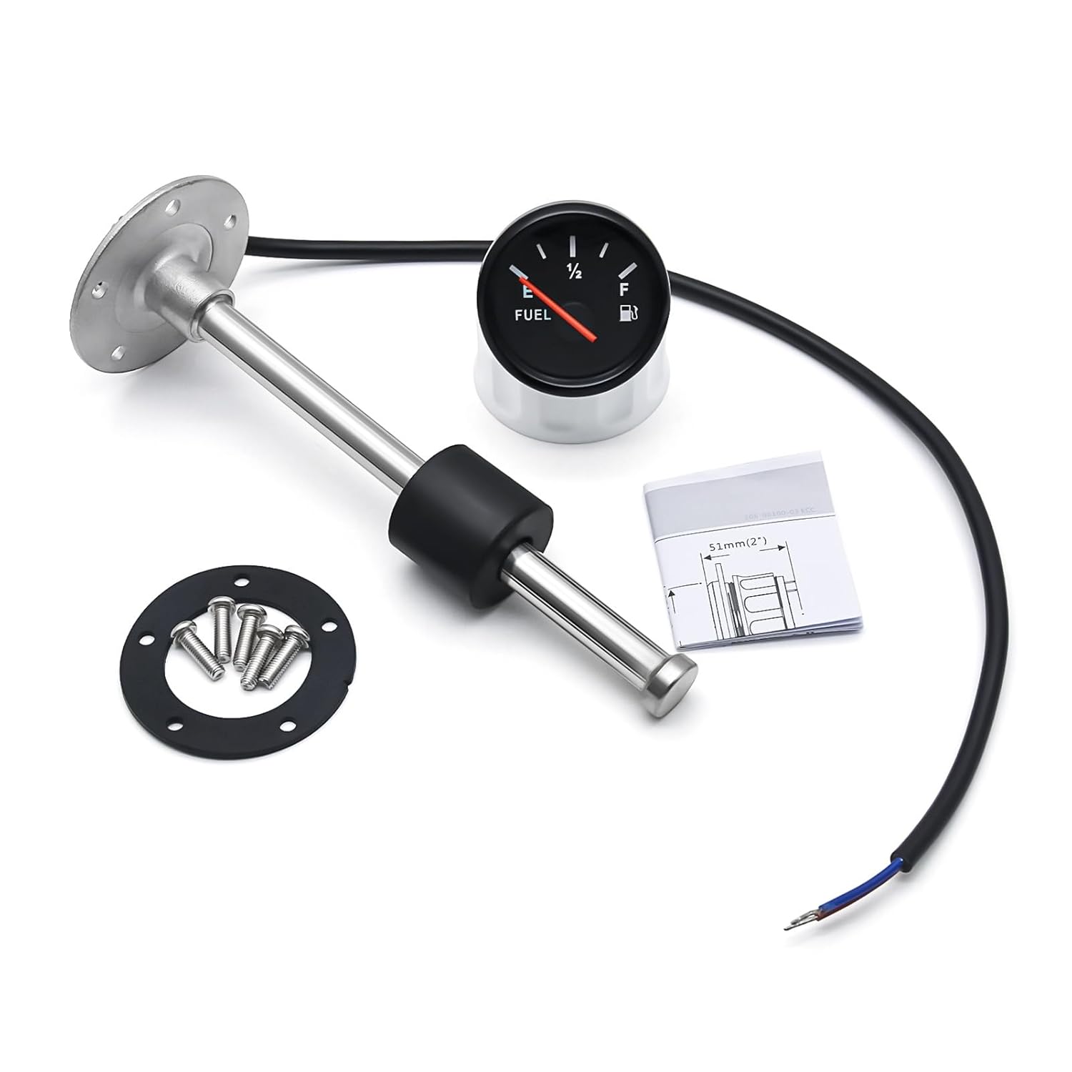 Marine Boat Car Fuel Level Sensor with Indicator Tank Meter 0~190 Ohm 52mm Gauge for Sending Unit with 100~600 Mm(Black Front Left)
