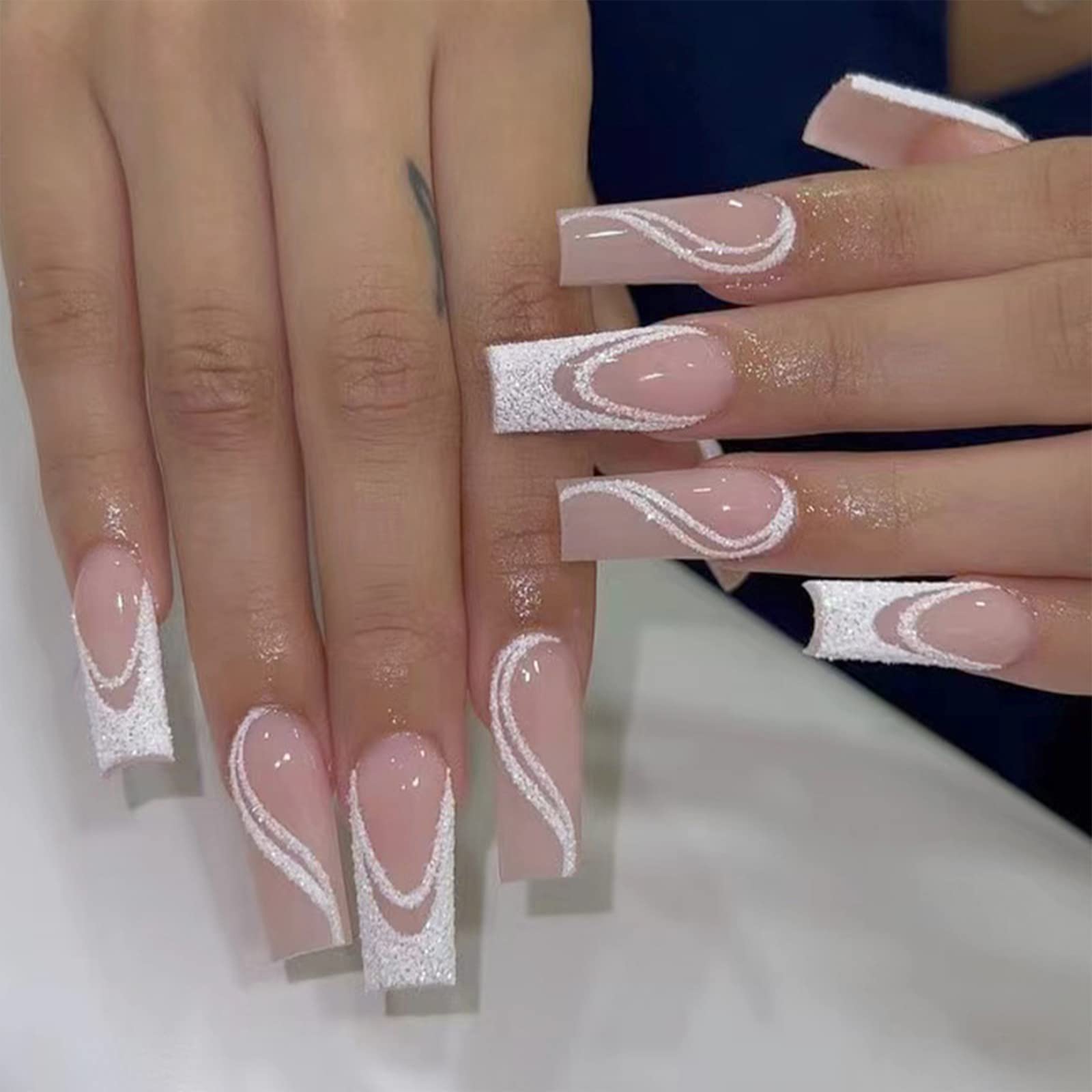Glitter Gradient Pink Press on Nails Long Coffin Fake Nails White French Tip Design False Nails with Glue on Nails Artificial Acrylic Nails Bling