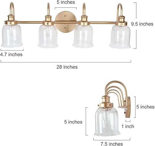Miniatura 5 de classy leaves Lámpara de tocador de baño dorada, 4 lámparas de baño sobre espejo, modernas luces doradas para baño, cocina, dormitorio, acabado