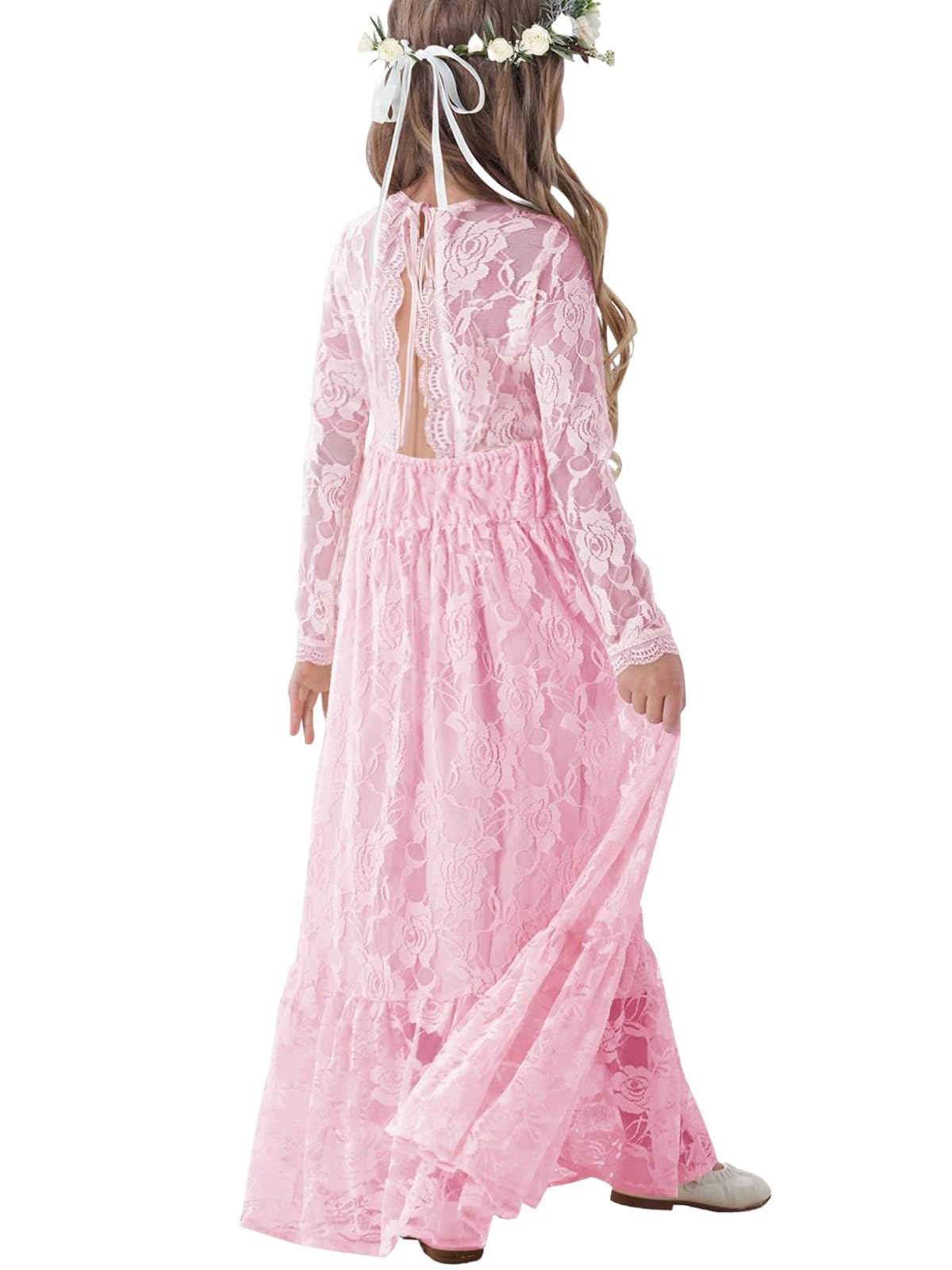 ALLOVIN Kleinkinder & Mädchen Oster Langarm Spitzen Blumenmädchen Kleid für Hochzeit Taufe Erstkommunion Maxi Boho A-Linie 3-12 Jahre