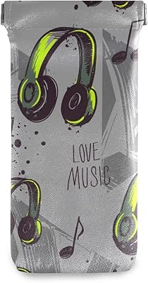 HUSSRITY Eyeglasses Case Headphones Music Notes Sunglasses Pouch Soft PU Leather Squeeze Top Eyeglass Holder Portable Glasses Case For Women Men