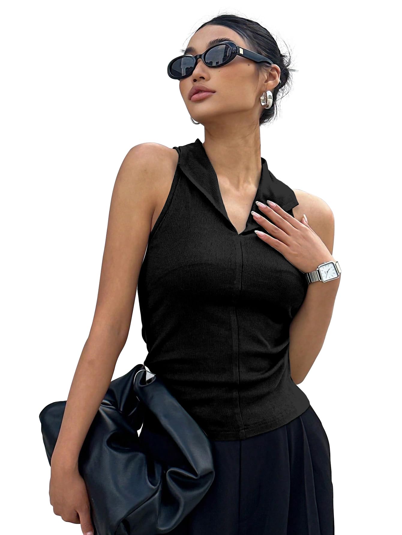sugathari Women’s Rib-Knit Halter Neck Top – Sleeveless Solid Backless Slim Fit Cotton Tank Top for Casual, Party & Summer Wear | Stretchy Ribbed Crop Vest (T-Shirt 263)-picture-50