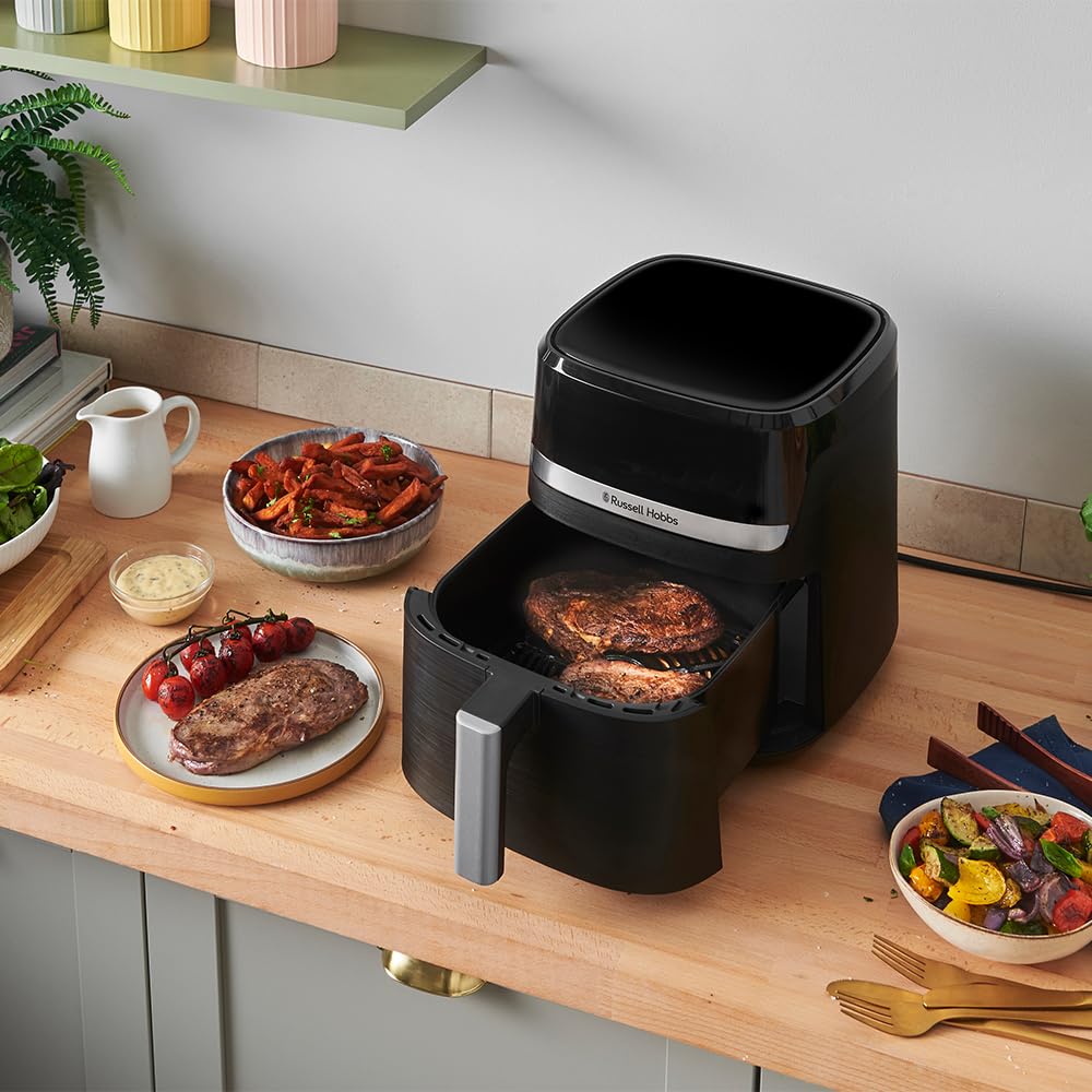 Russell Hobbs Friggitrice ad Aria 5,5L Rapid Air [Compatta, 9 Funzioni] (Lavastoviglie ok,Ceramica antiaderente, No BPA, Schermo touch,Frittura senza olio, Griglia,Cottura al forno e Arrosto)27621-56