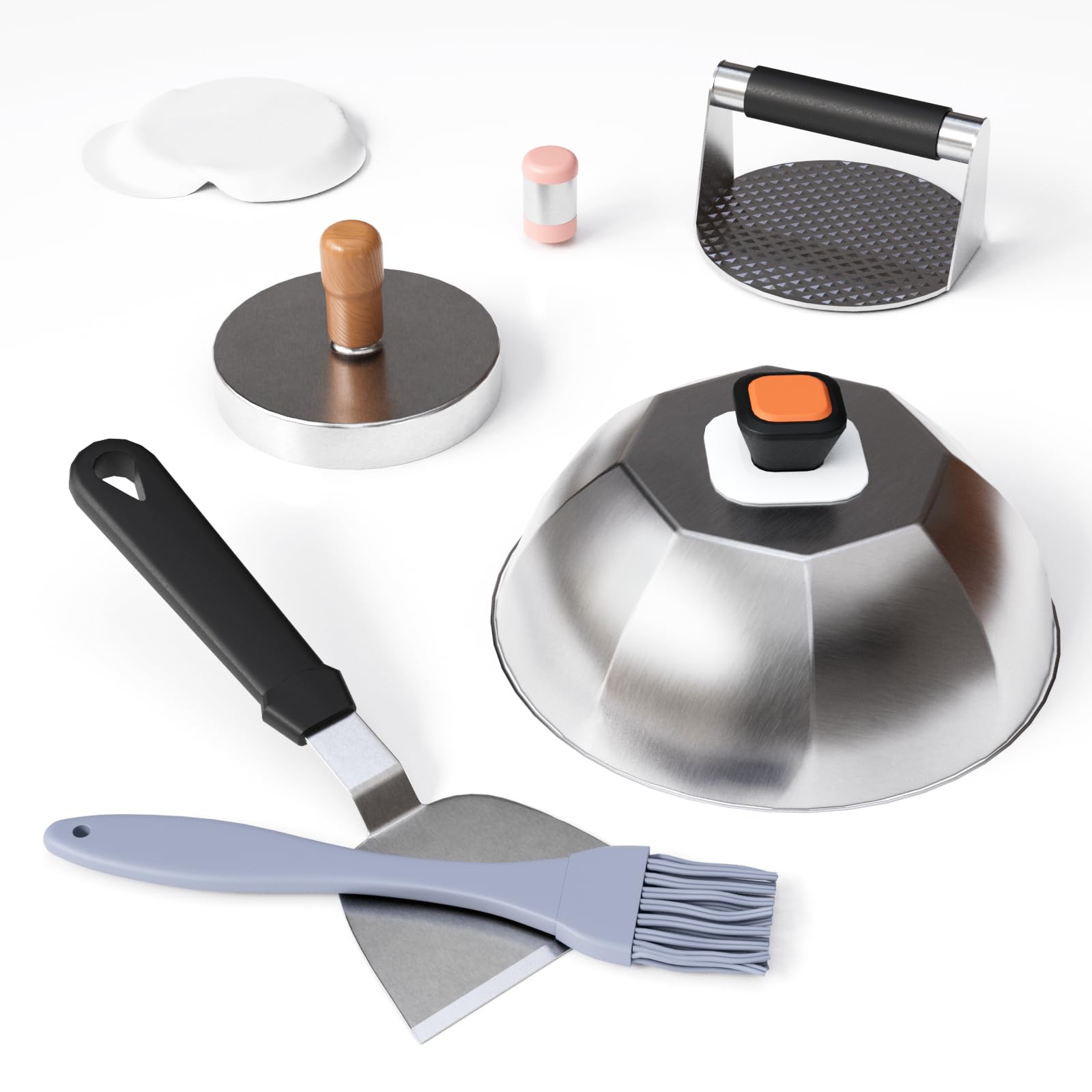 Smash Hamburger Set con manico in silicone, in acciaio inox, set da 7 pezzi, con pressa per hamburger, spatola, campana per hamburger, pennello, pressa per carne, carta antiaderente, spezie, un regalo
