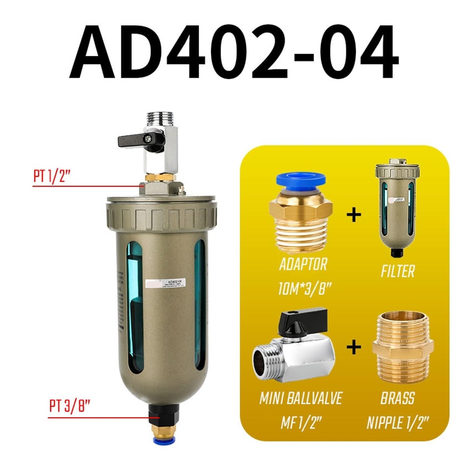 Filtro de agua de aire comprimido FRL, separador de humedad, drenaje automático con accesorios | KIT 5
