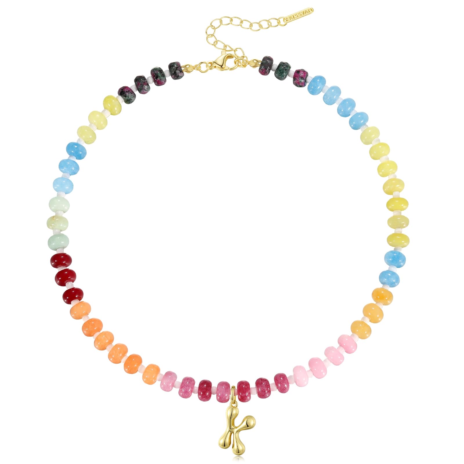 KissYan Initial Necklaces for Women, Colorful Beaded Gemstone Choker 14K Gold Bubble Letter Pendant Necklace Natural Stone Summer Beach Handmade