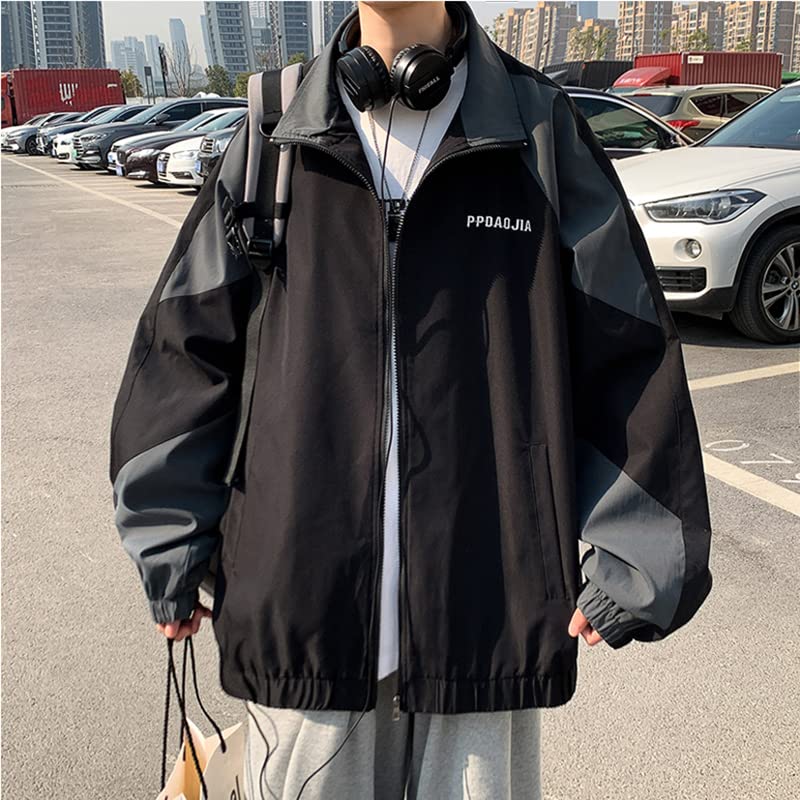 Image of GAI Men's Varsity Jacket Harajuku Vintage Bomber Jackets Techwear Windbreaker Color Block Unisex Coats Korean Streetwear (B Dark,M)