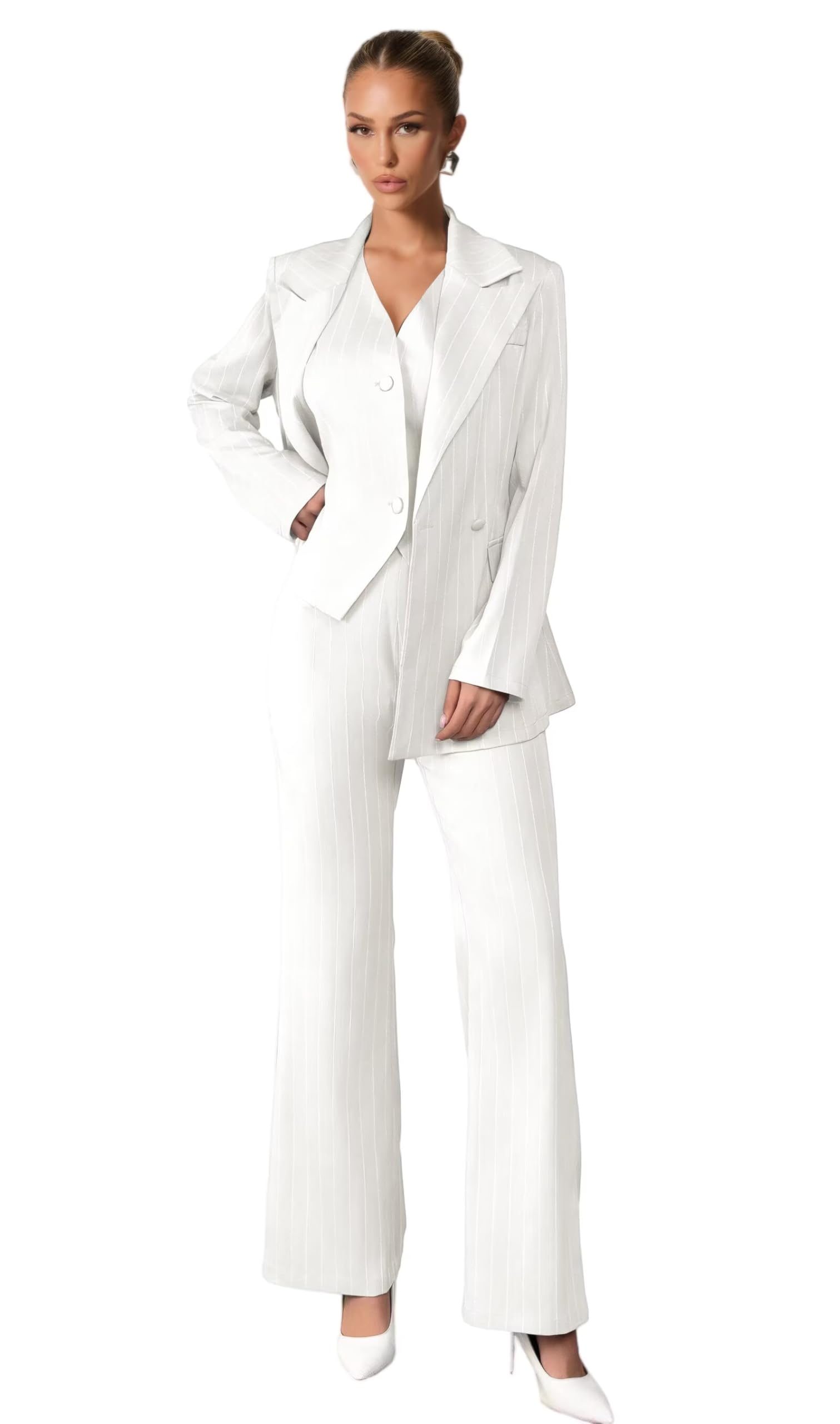 Pinstripe Pant Suits for Women 3 Piece Double Breasted Womens Suit Casual Blazer Vest Pants Tuxedo for Work