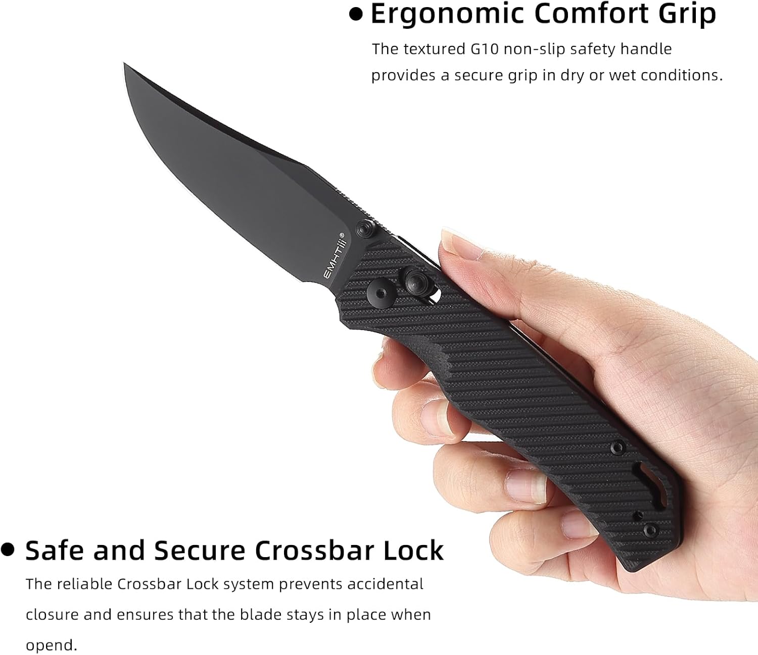 Folding Pocket Knife with Reversible Clip: D2 Steel Black Clip Point Blade,Thumb Stud, Crossbar Axis Lock, G10 Handle Scales, Small EDC Knives Camping for Men Women E033, Black