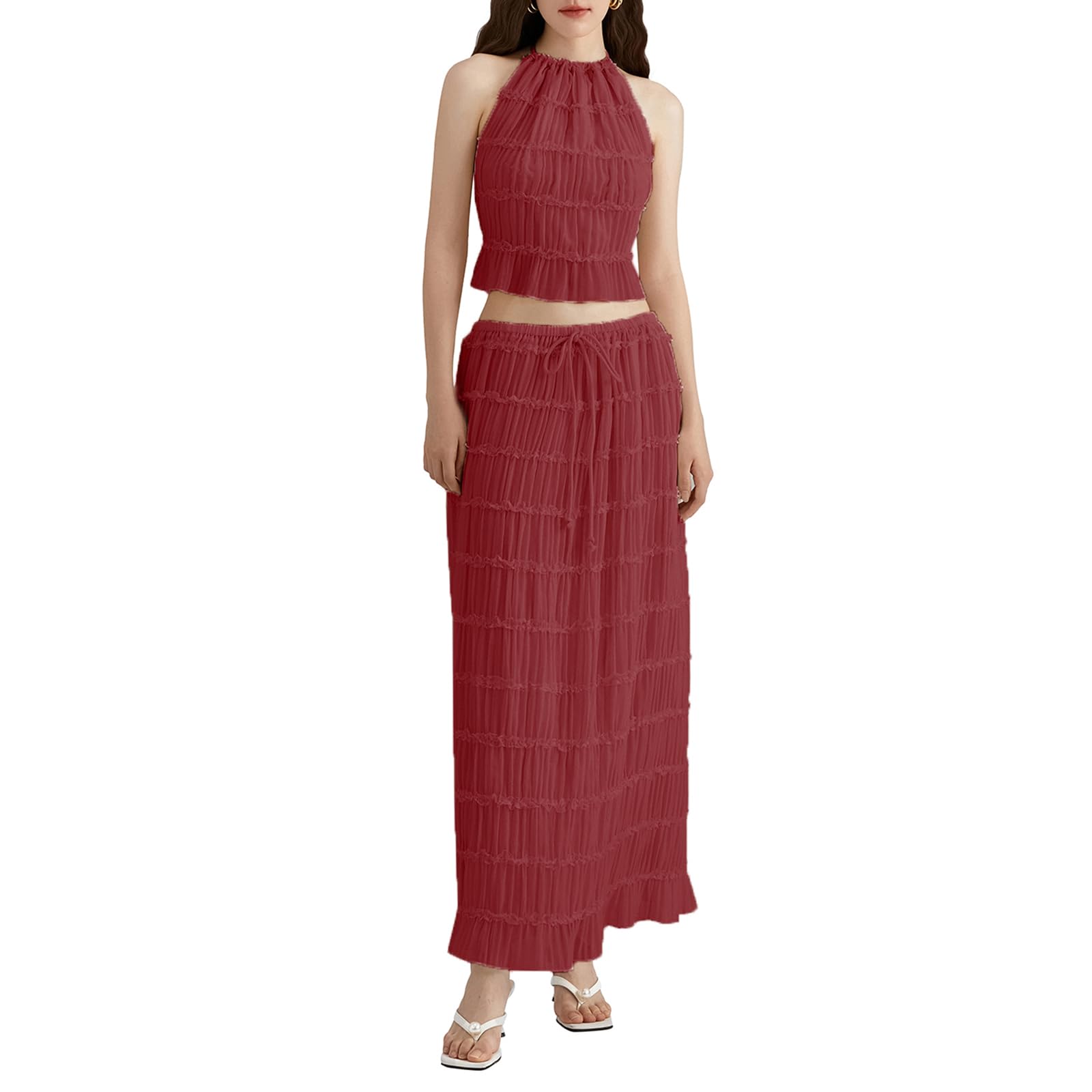Argeousgor 2 Piece Maxi Skirt Set for Women Lace Up Back Tank Tops Tie Up High Waist Long Skirt Set