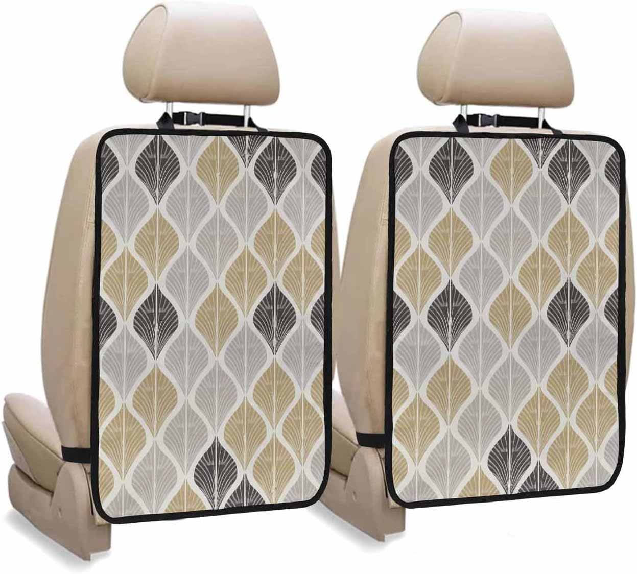 Car Seat Protector, 2 Pack Kick Mats Back Seat Protector Modern Abstract Geometric Gray Gold Vintage Flowers Pattern Waterproof Backseat Cover for Kids Universal Fit Automotive Interior Protectors