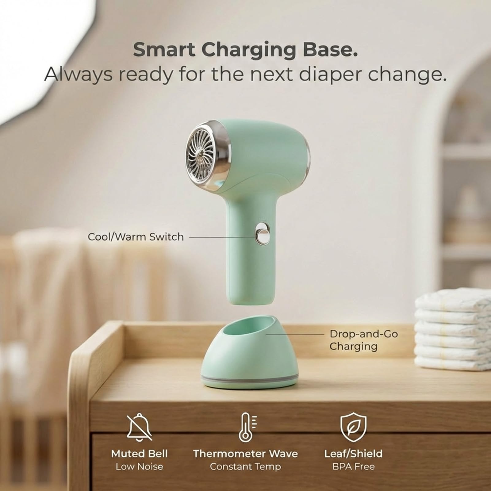 Asixxsix Secador de Pelo Inalámbrico para bebé, Secador de Pelo Portátil Recargable para Niños con Base de Carga, Flujo de Aire Suave y Silencioso, Baja Temperatura Segura para Pieles (estilo 1)