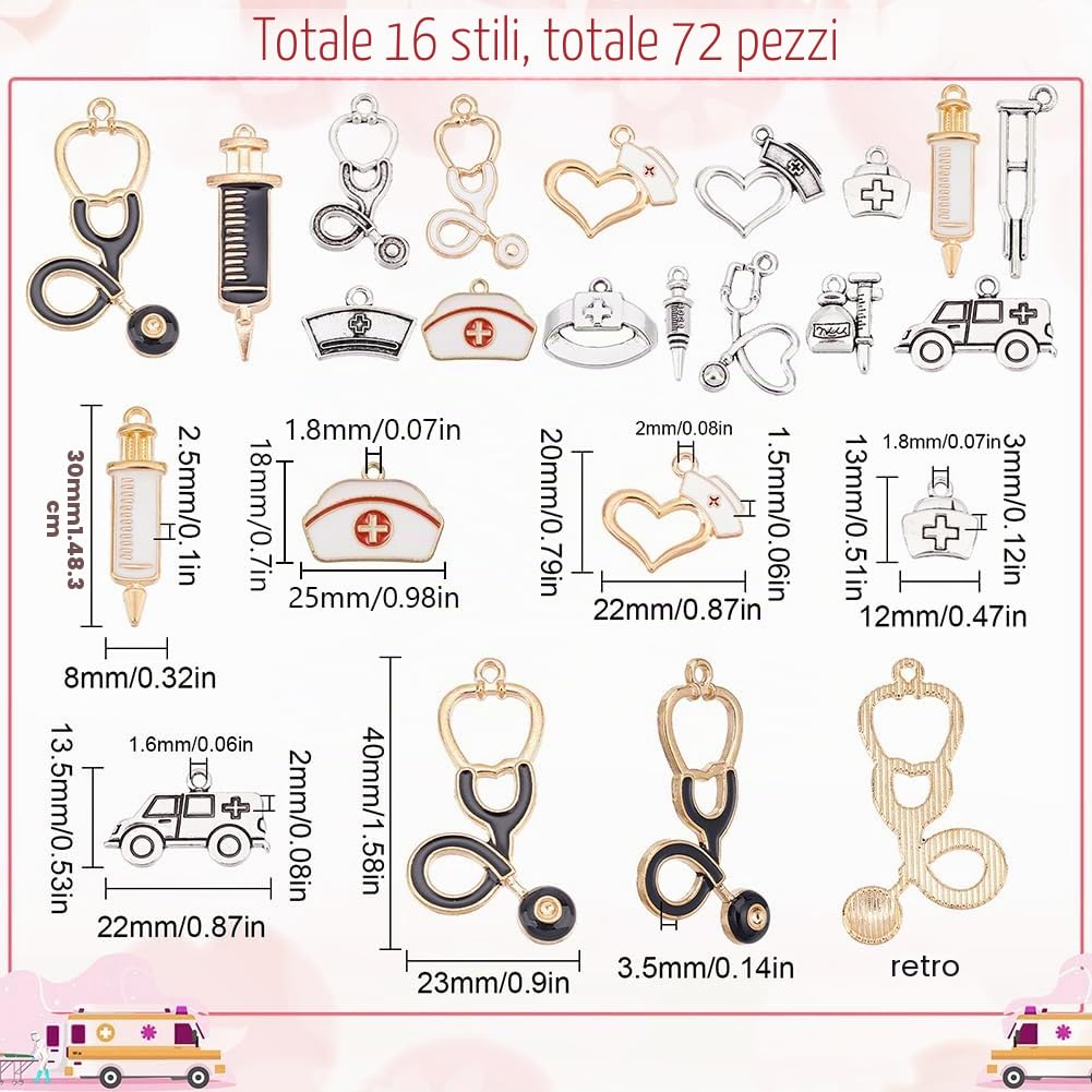 SUNNYCLUE 1 Scatola 72 Pezzi Ciondoli Infermiera Ciondoli Medici Ciondolo Medico Smalto Stetoscopio Siringa Infermiera CAPS Cappello per Creazione di Gioielli Fascino Giorno Inferm