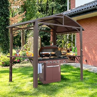SHPAI 8’ X 5’ Hardtop Grill Gazebo, Hardtop BBQ Gazebo with 2 Side Shelves and Bottle Opener, Outdoor Grill Canopy with Galvanized Steel Double Roof for Patio Lawn Backyard Deck, Brown