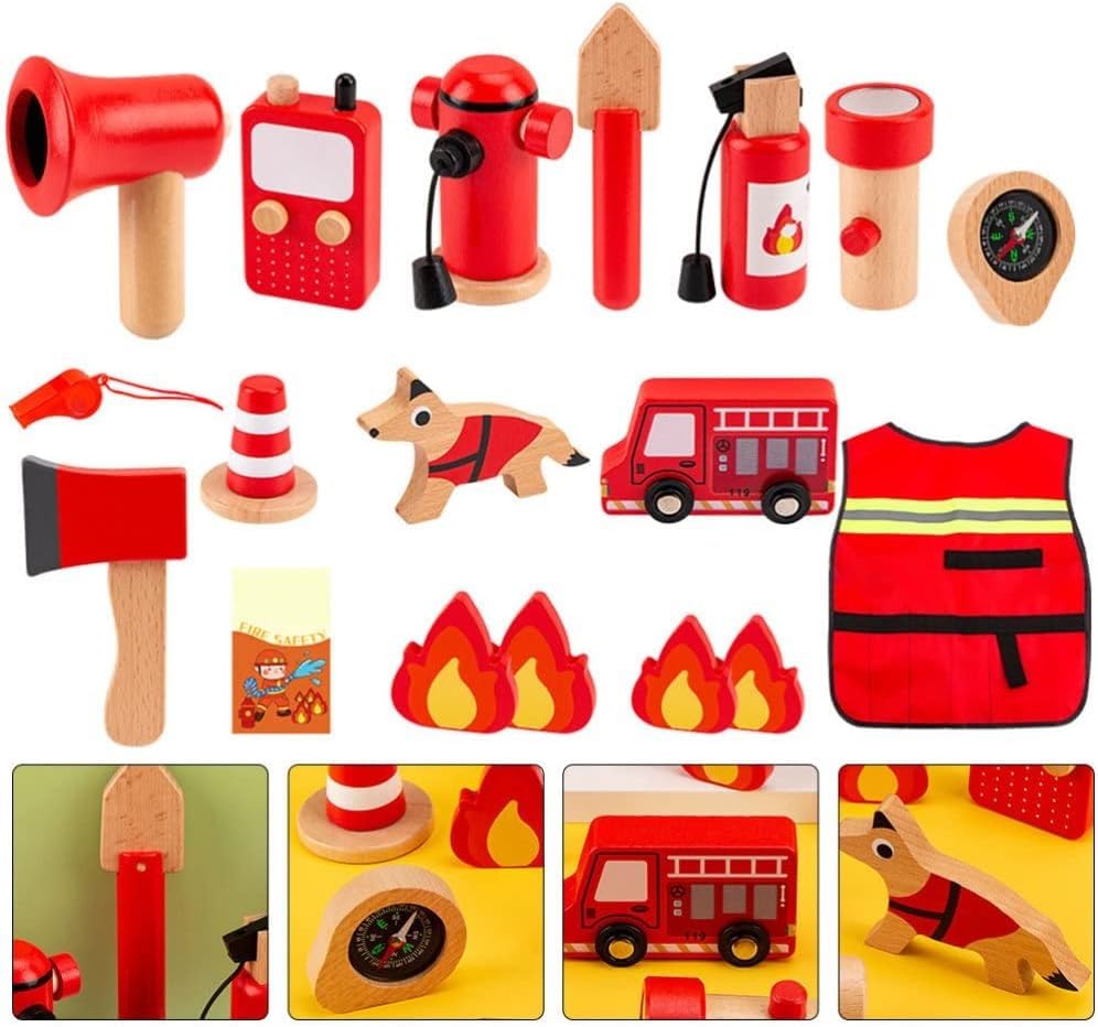 Image of WUDLY Wooden Fire Fighter Pretend Play Set, Educational Kids Toy with Fire Truck, Hydrant, Walkie Talkie, 14 Pieces, Red