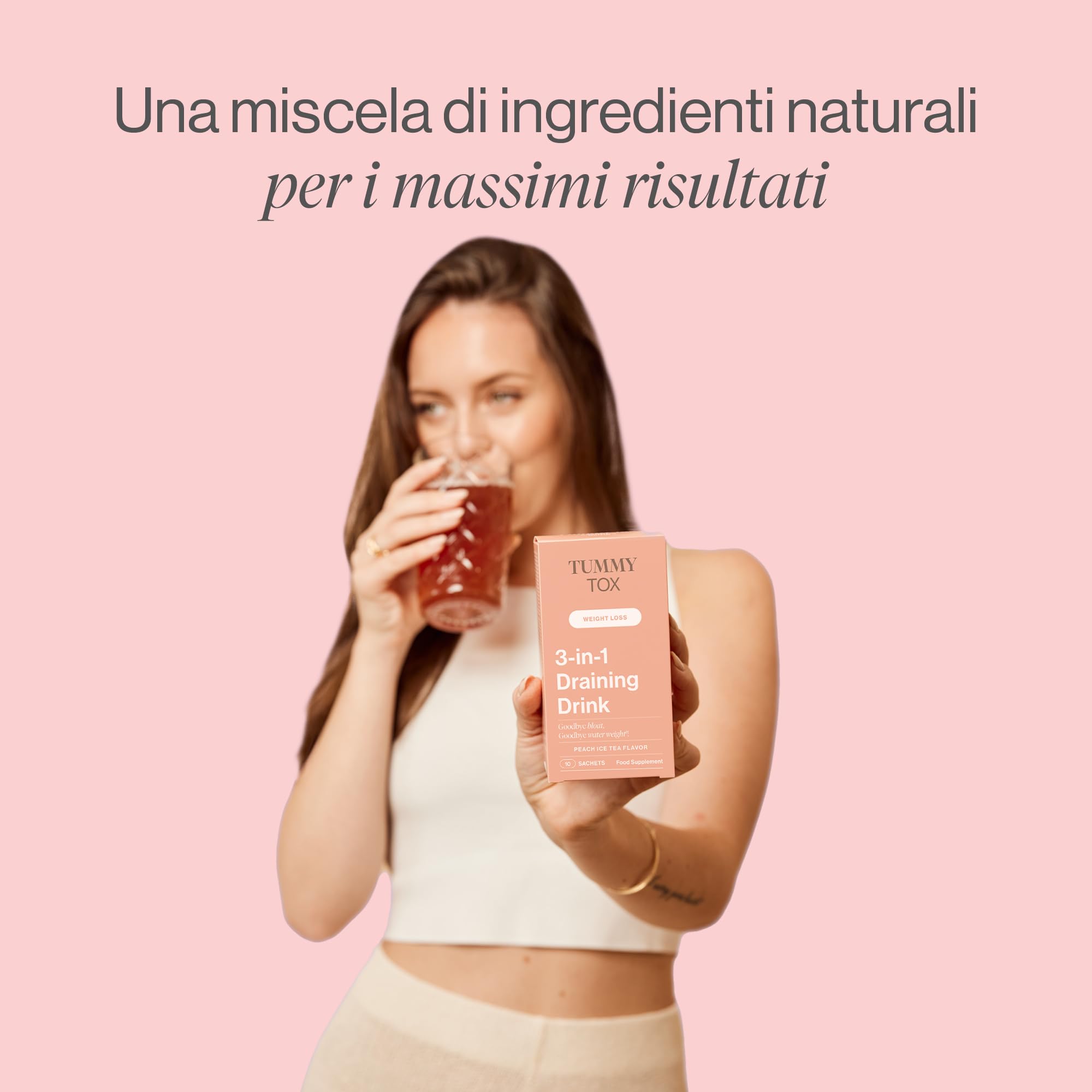 3-in-1 Draining Drink con Radice di Dente Di Leone, Ortica, Carciofo, Magnesio, Ibisco, Ingredienti Naturali - Bevanda al sapore di pesca, 30 bustine, Tummy Tox