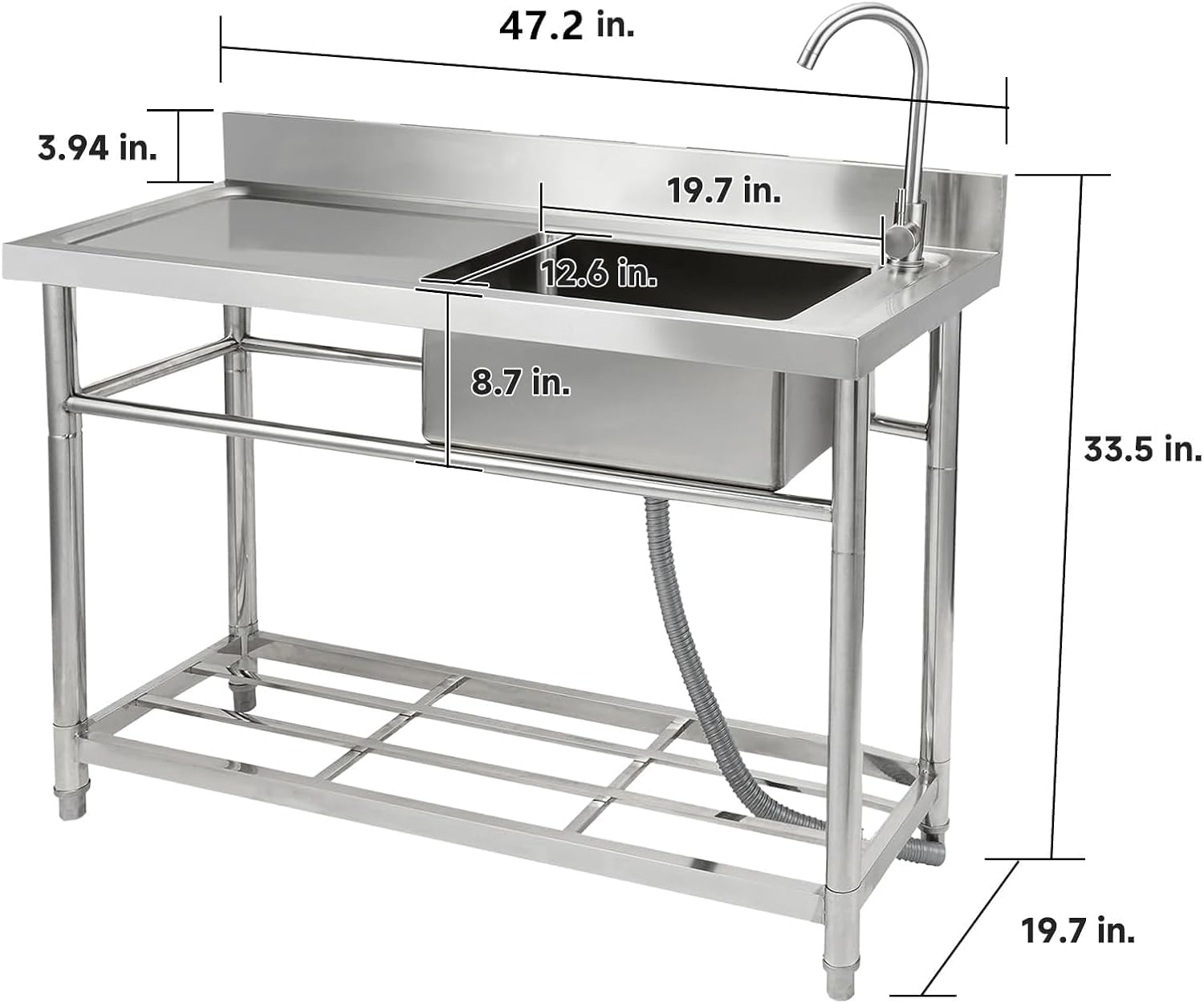 47.2" x 33.5" x 19.7" Stainless Steel Utility Sink, Freestanding Single Bowl with Hot & Cold Water Faucet & Undershelf, Commercial Kitchen Laundry Bathroom Garage Garden Sink