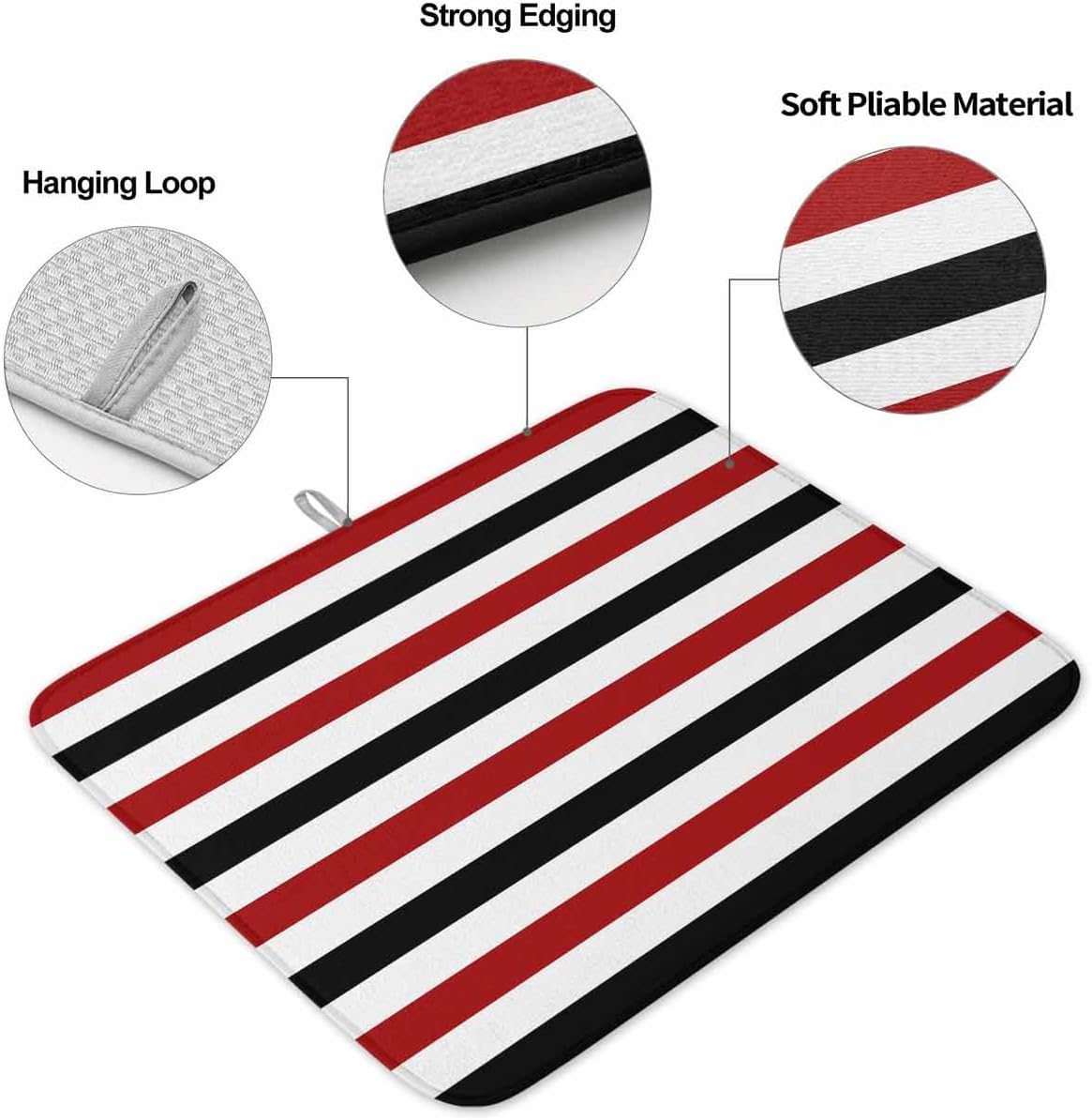 Dish Drying Mat for Kitchen Counter,Red Black Striped Absorbent Microfiber Drainer Rack Pad Classic Geometric Line Quick Dry Mat for Sinks Dishes Utensils 18x24in,2 Pack