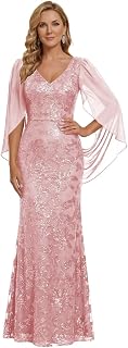 Sequin Mother of The Bride Dresses V Neck Mermaid Long Formal Evening Gowns with Cape Sleeves IMR039