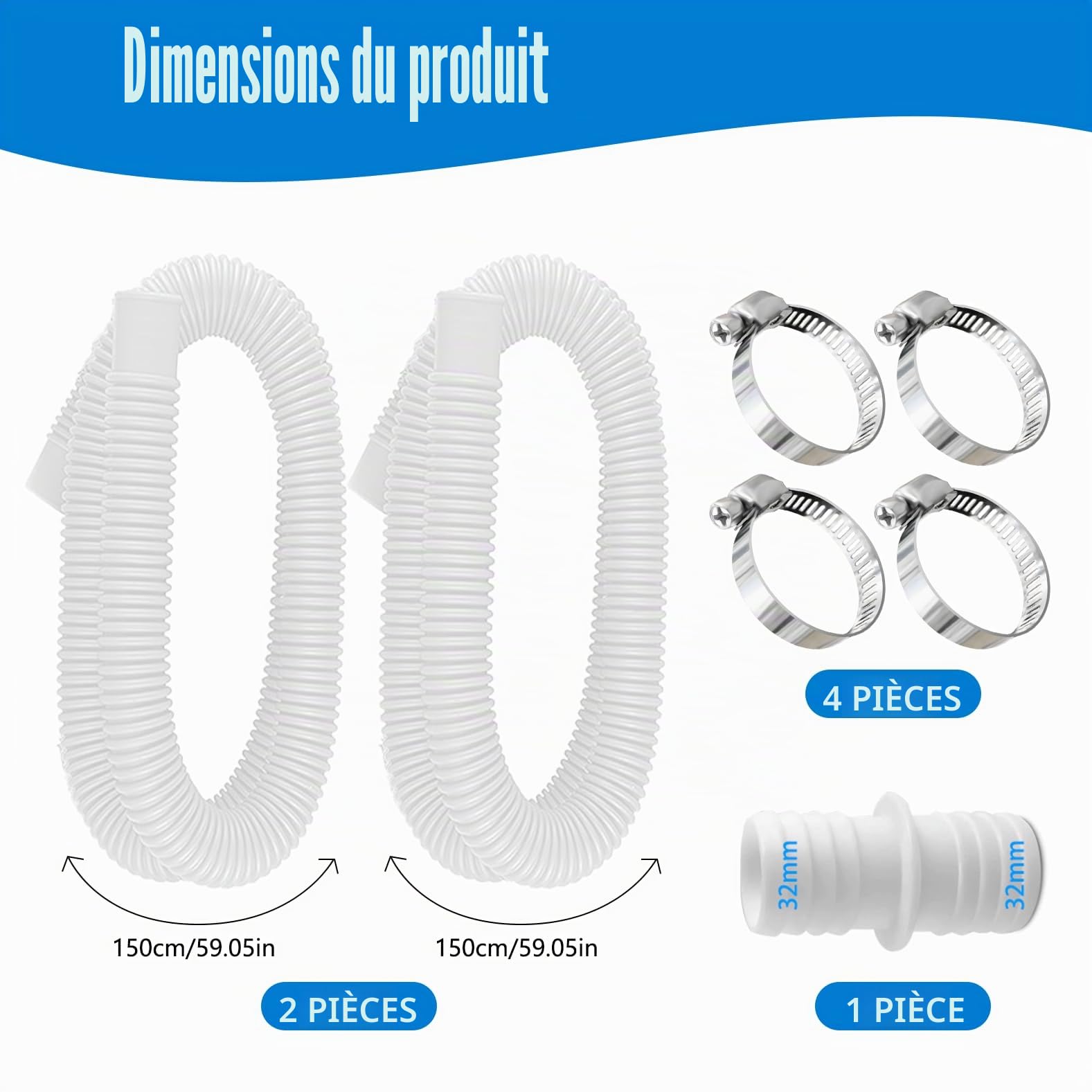 Lot de 2 tuyaux de piscine de 32 mm pour pompes de piscine avec 4 clips de sécurité et 1 raccord de tuyau, idéal pour les pompes de filtre, les nettoyeurs de piscine, les chauffages de piscine et les