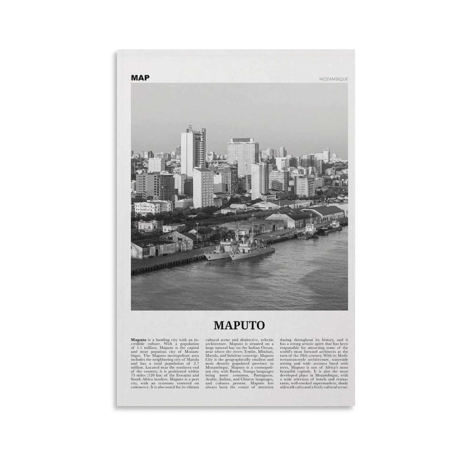 Maputo Print Black and White, Maputo Wall Art, Maputo Poster, Maputo Photo, Maputo Wall Decor, Mozam Poster Print for Teen Boys Room Wall Art Canvas Painting Print 12x18inch(30x45cm)