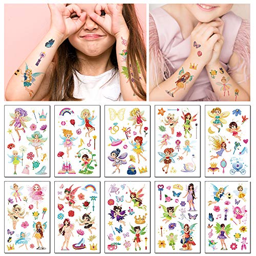 Yarlilyan 100+ Fairy Glitter Tattoos For Girls, Children Birthday Party Favor Temporary Tattoo Sticker, Magic Fantasy Butterfly Flower Pink Fake Waterproof Tattoo On Kids Body Hand Arm Face 10 Sheets #TOP1