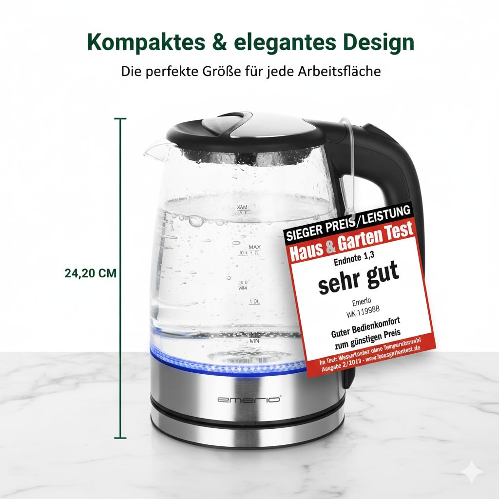 Emerio Bollitore in vetro WK-119988, 1,7 litri, 2200 watt, illuminazione interna a LED, base a 360°, rapporto prezzo/prestazioni vincente test home & garden 02/2019, 1,7 litri, nero, argento
