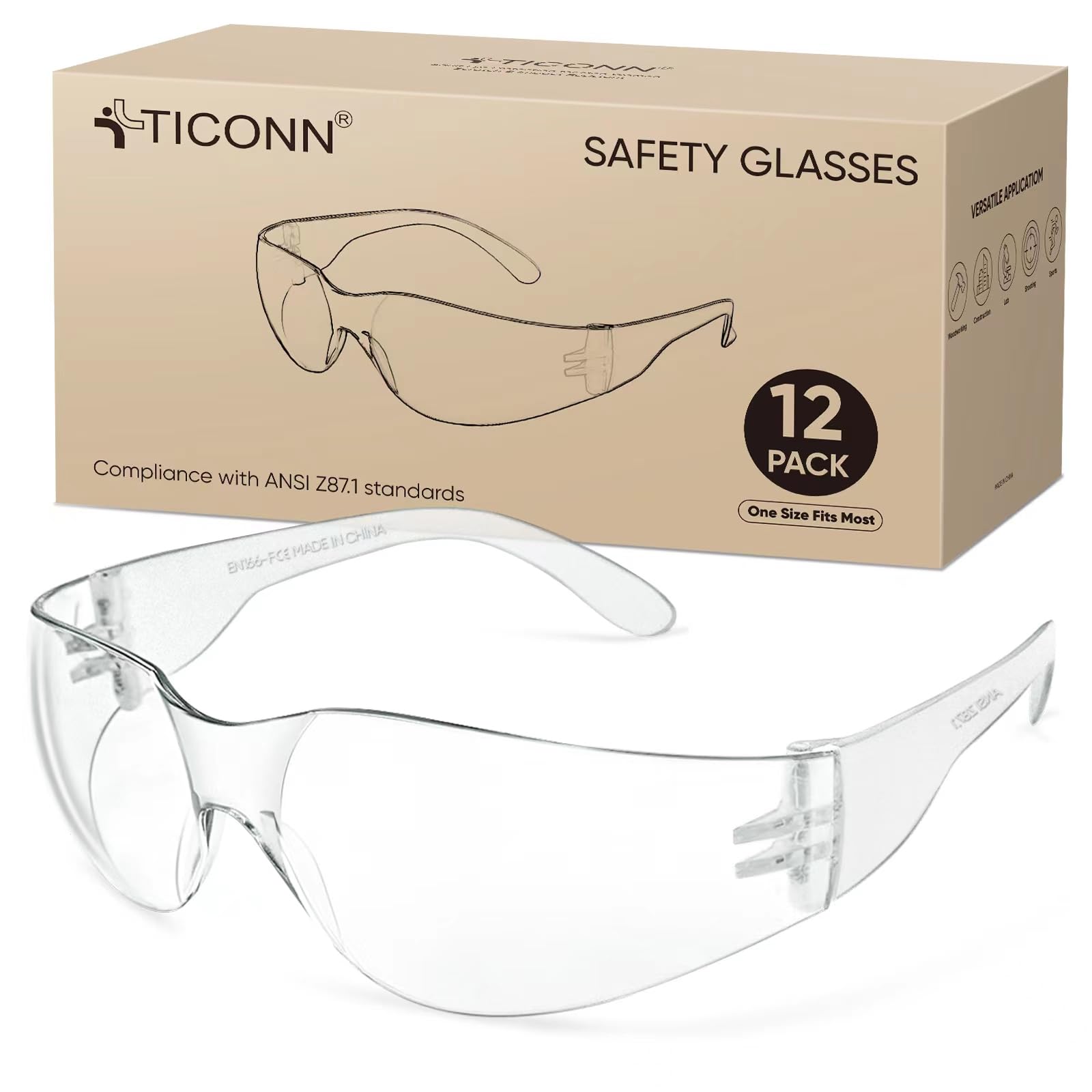 TICONN Clear Safety Glasses for Men, Safety Goggles with Scratch Impact Resistant Meets ANSI Z87.1 Standard