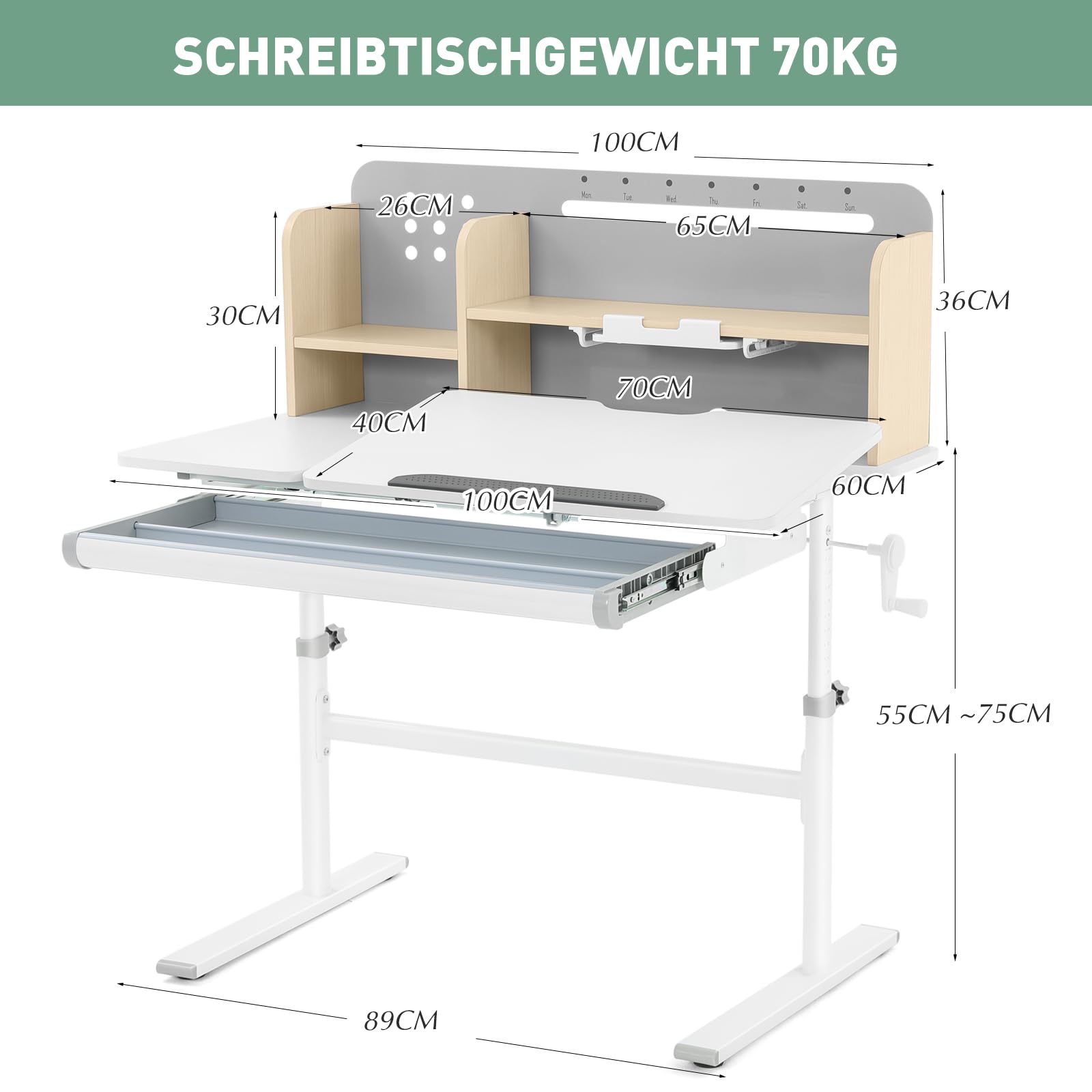 JOYLDIAS Höhenverstellbarer Kinderschreibtisch, Studiertisch für Kinder mit Bücherregal, Neigbarer Schreibtisch, Multifunktionaler Schülerschreibtisch mit Schubladen und Haken, 100 x 60cm Tischplatte