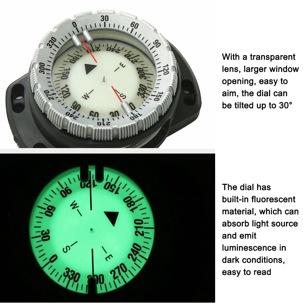 Boussole de plongée sous-marine de 50 m, boussole de plongée lumineuse, outil de navigation étanche avec corde élastique pour la plongée, le camping et d'autres activités de plein air